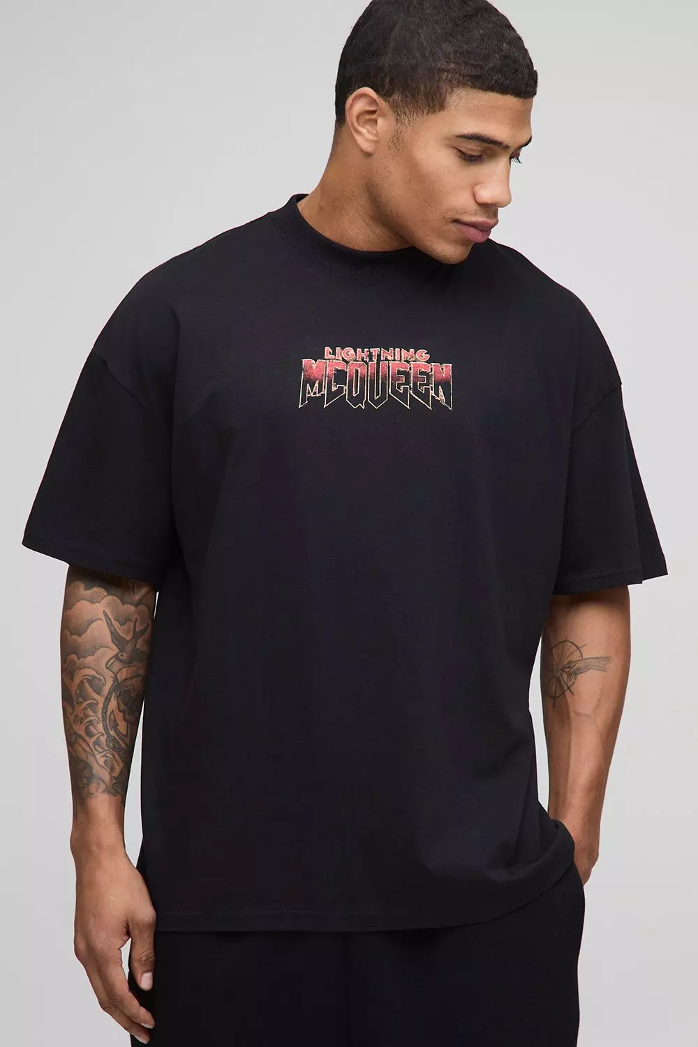 Black Oversized Extended Neck Disney Pixar Cars License Printed T-Shirt | boohooMAN USA