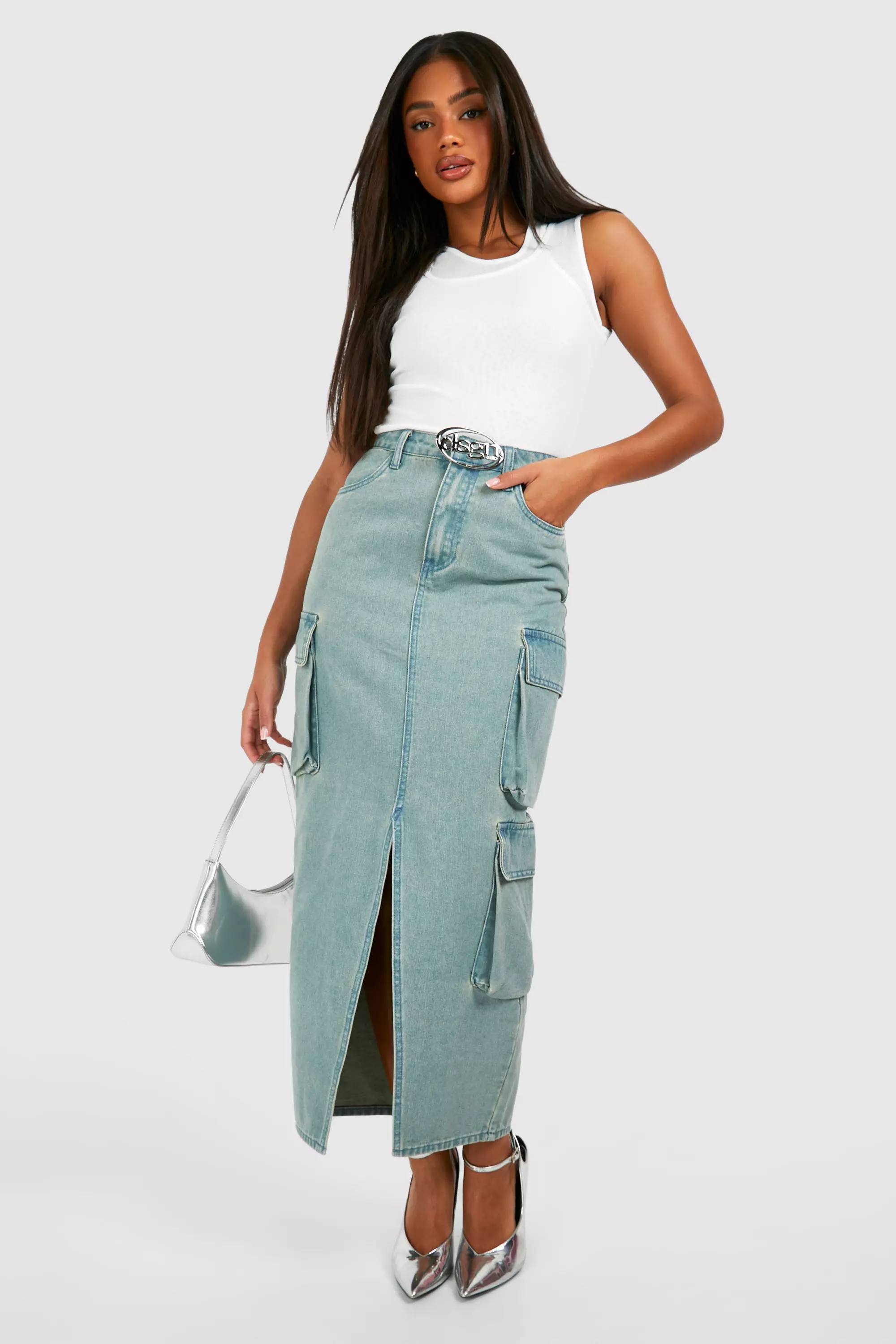 Vintage wash DSGN Badge Denim Cargo Maxi Skirt alternative image