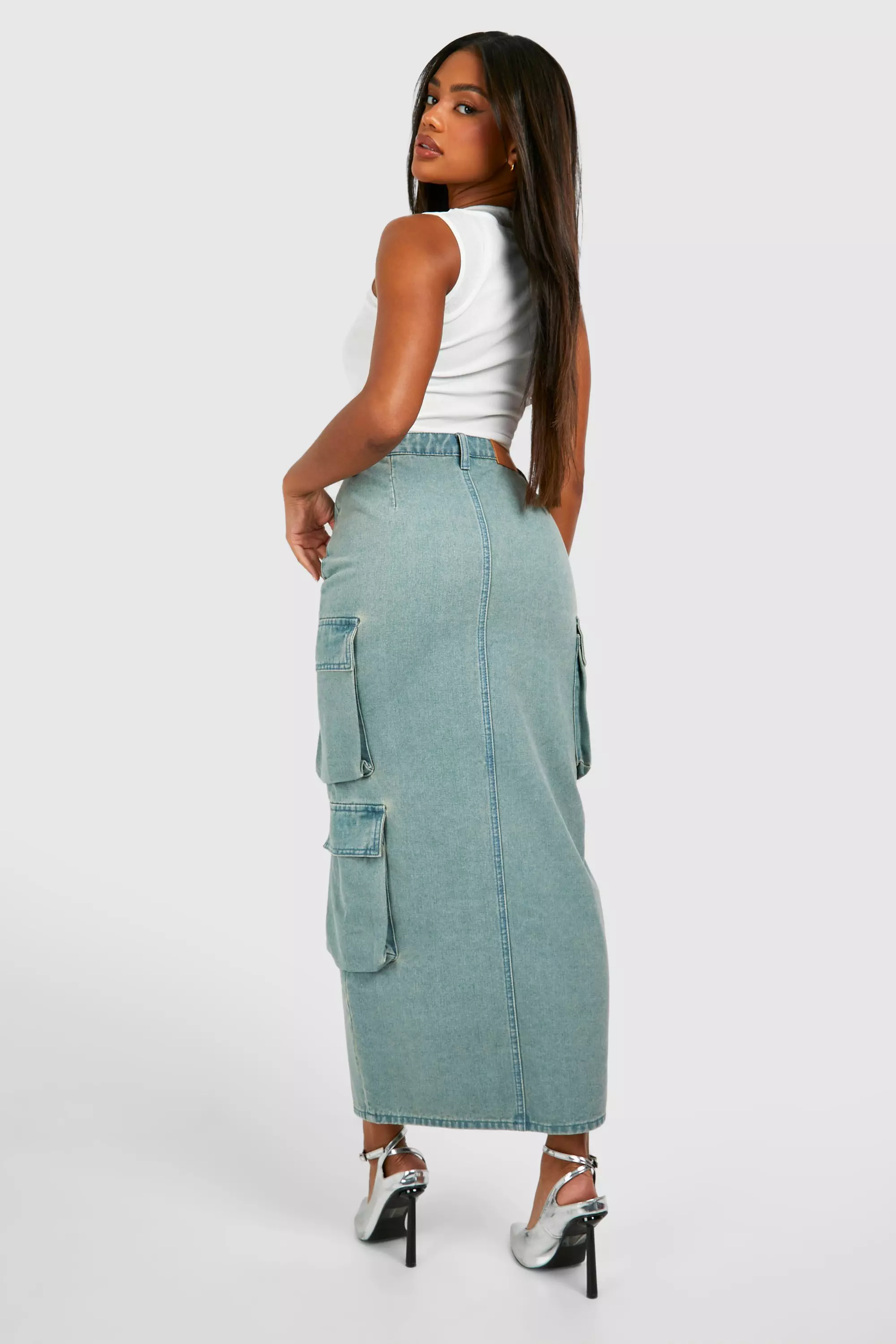 Vintage wash DSGN Badge Denim Cargo Maxi Skirt alternative image