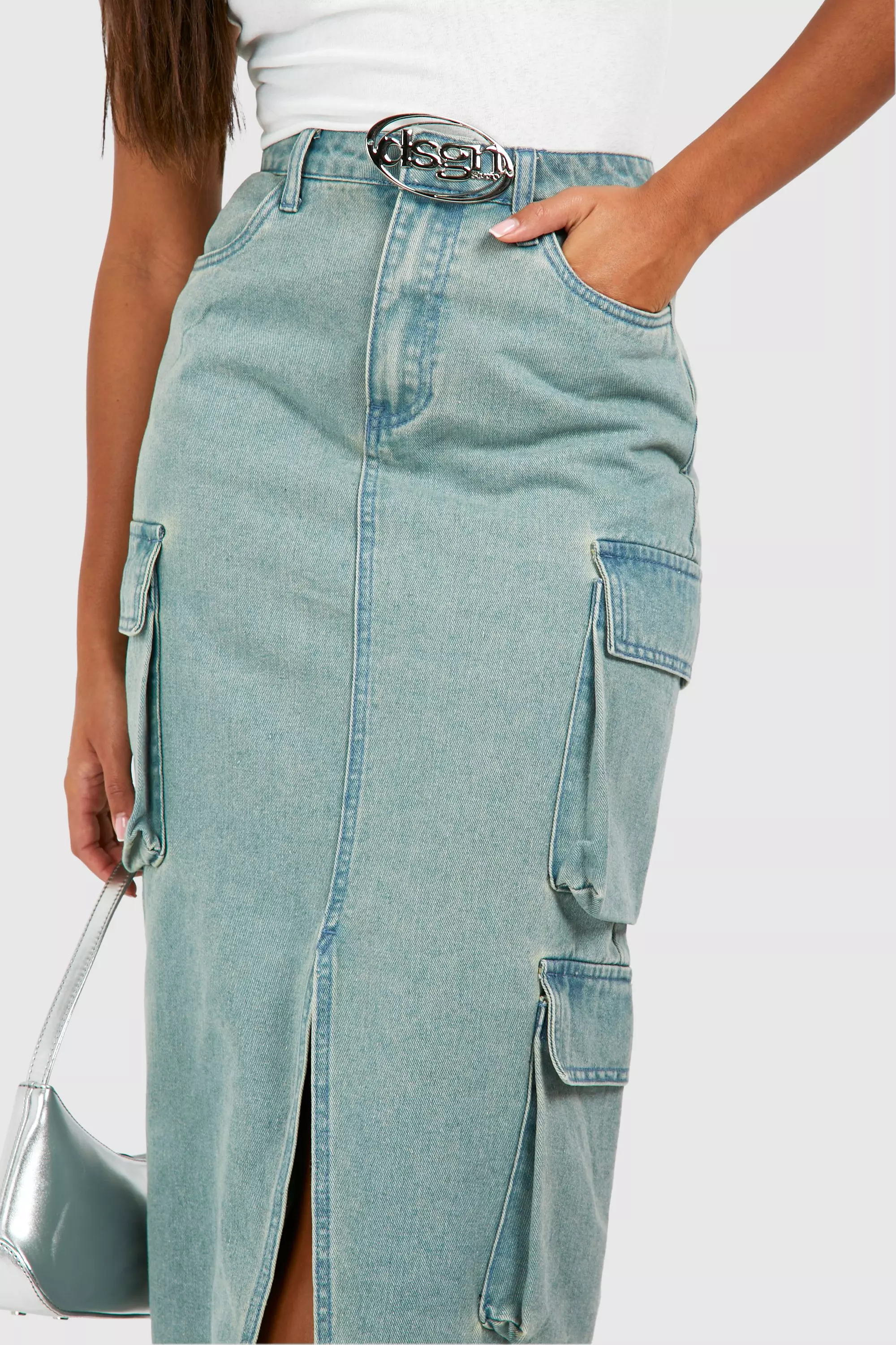 Vintage wash DSGN Badge Denim Cargo Maxi Skirt alternative image
