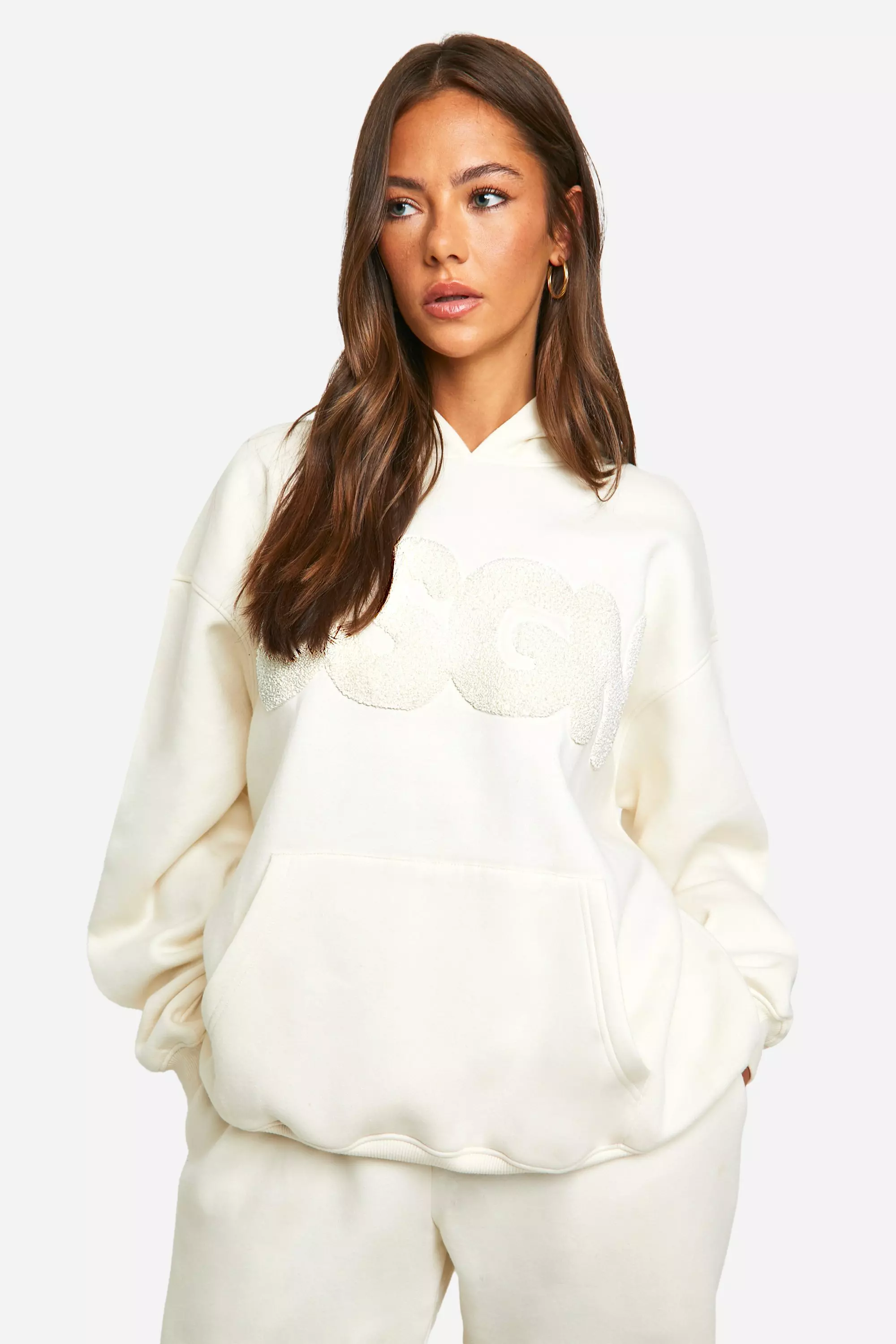 Cream DSGN Toweling Applique Oversized Hoodie alternative image