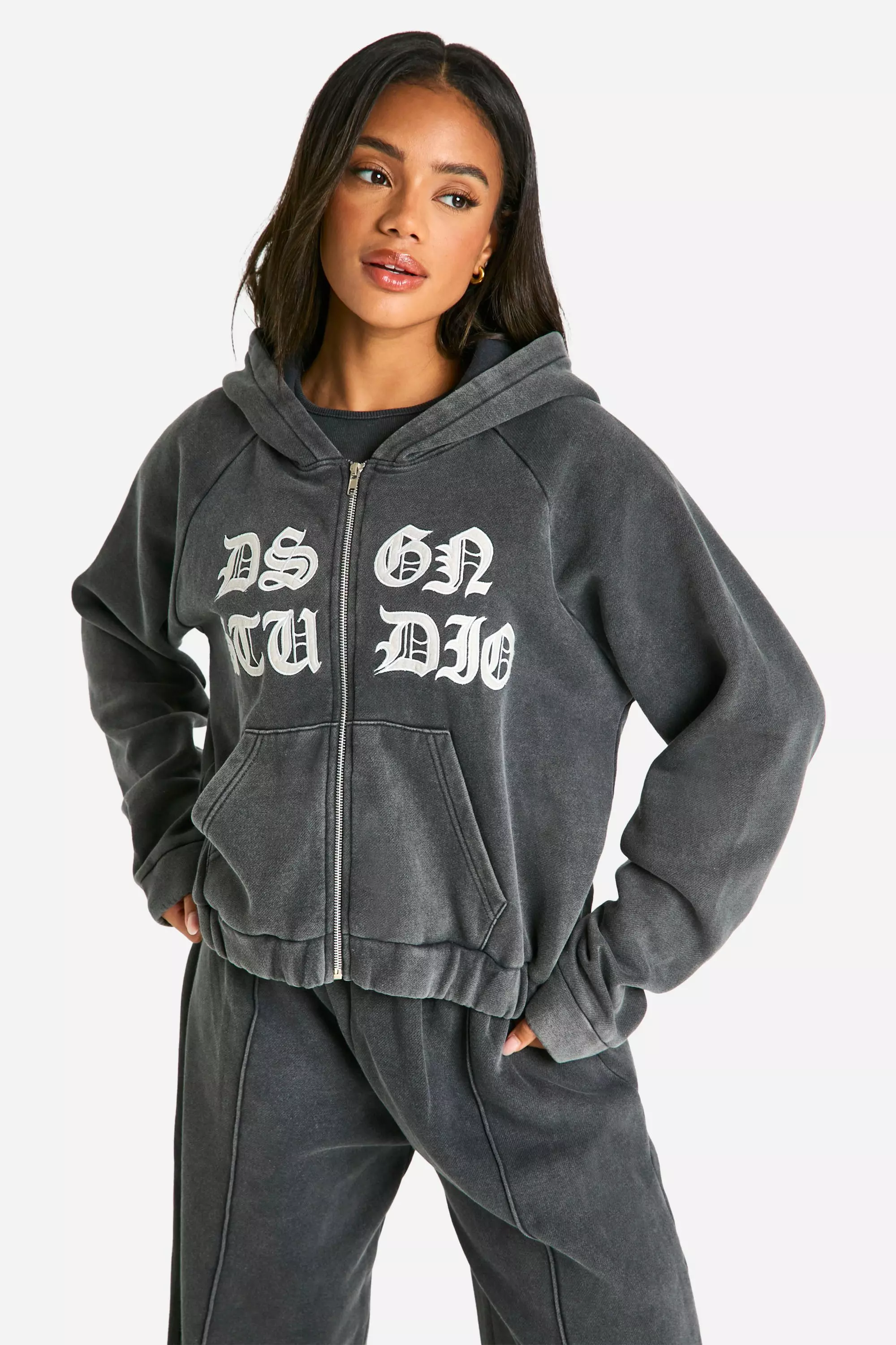 Charcoal DSGN Studio Applique Washed Hooded Zip Through Jacket alternative image