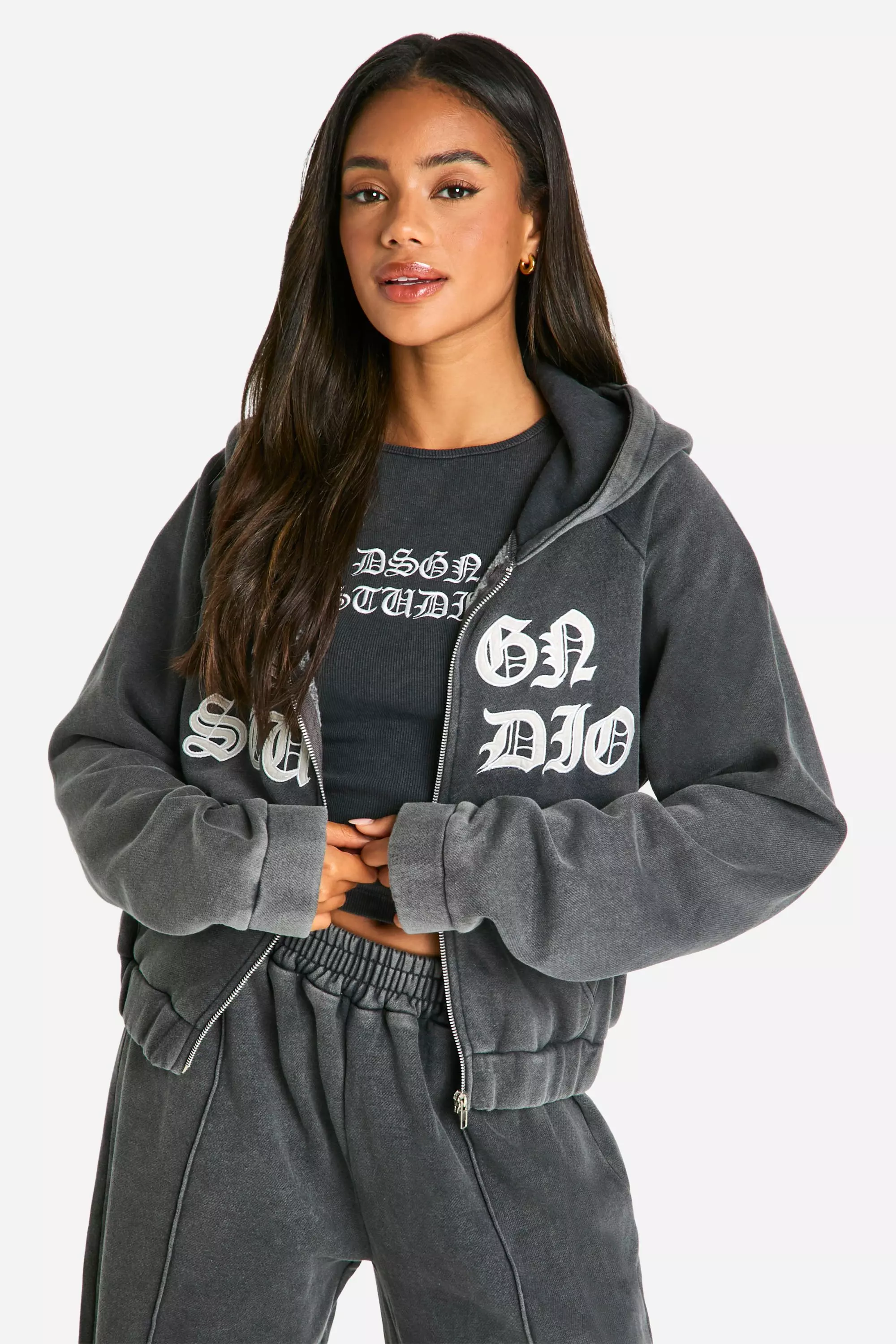 Charcoal DSGN Studio Applique Washed Hooded Zip Through Jacket alternative image