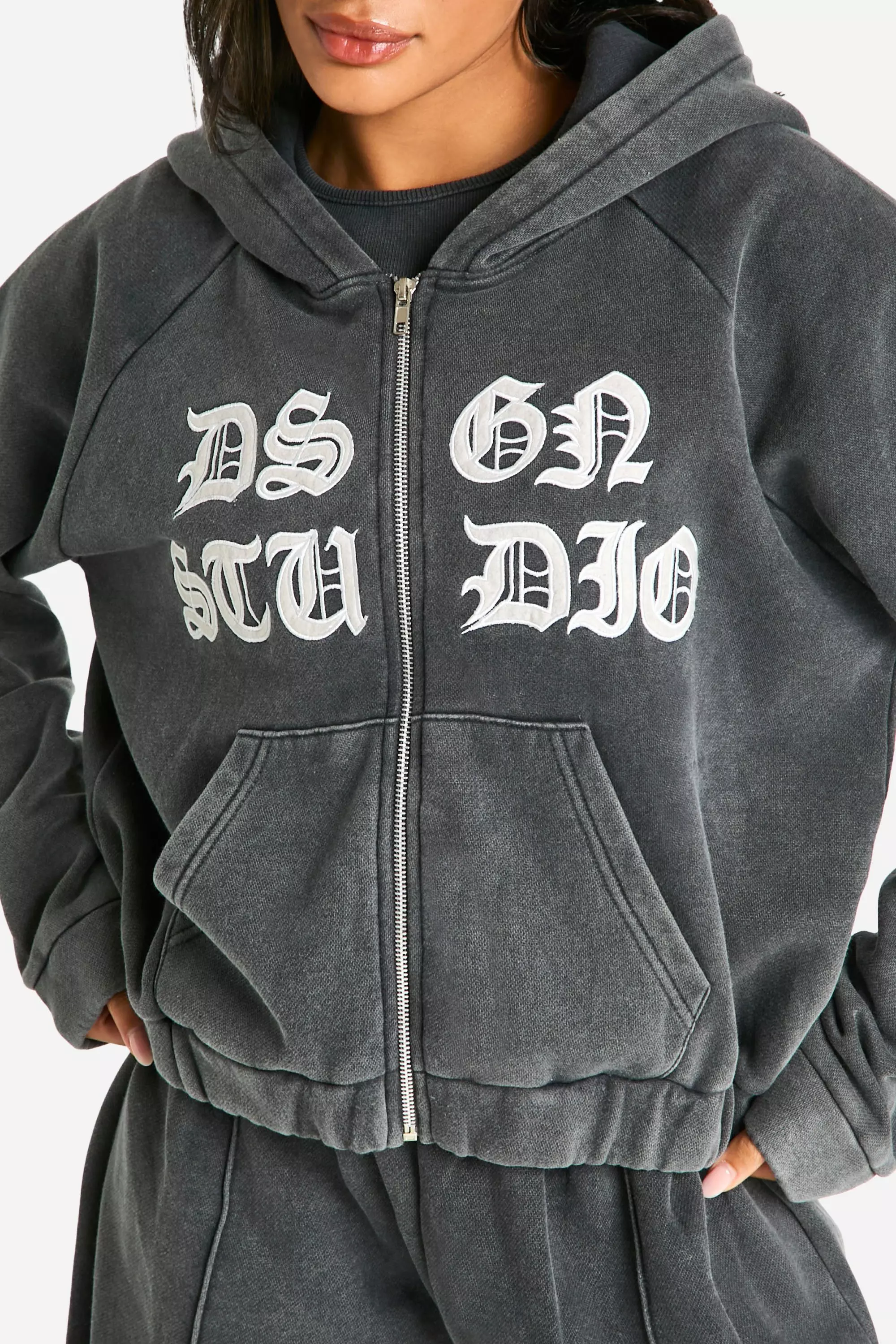 Charcoal DSGN Studio Applique Washed Hooded Zip Through Jacket alternative image