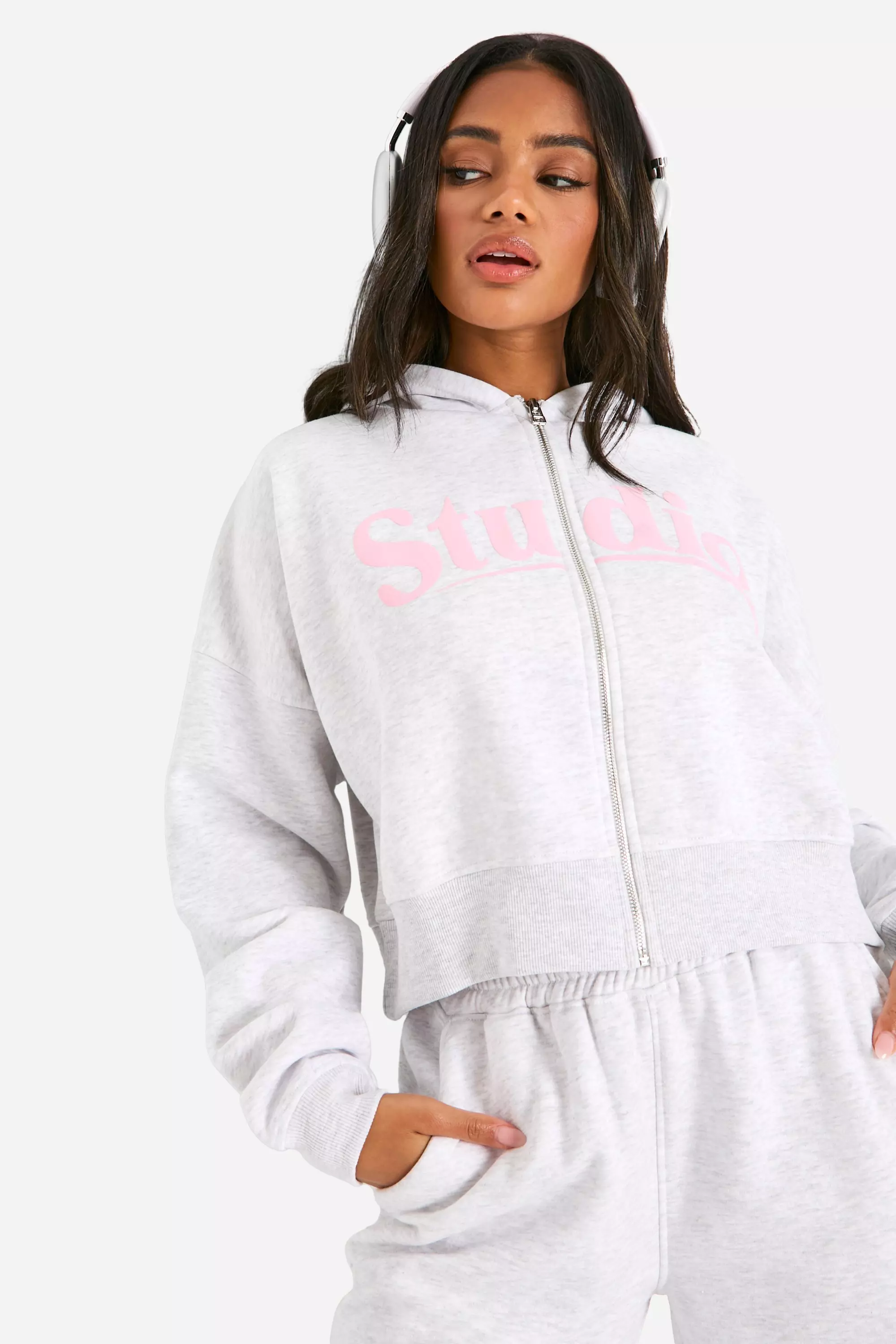 Ash grey DSGN Studio Slogan Boxy Crop Zip Through Hoodie alternative image