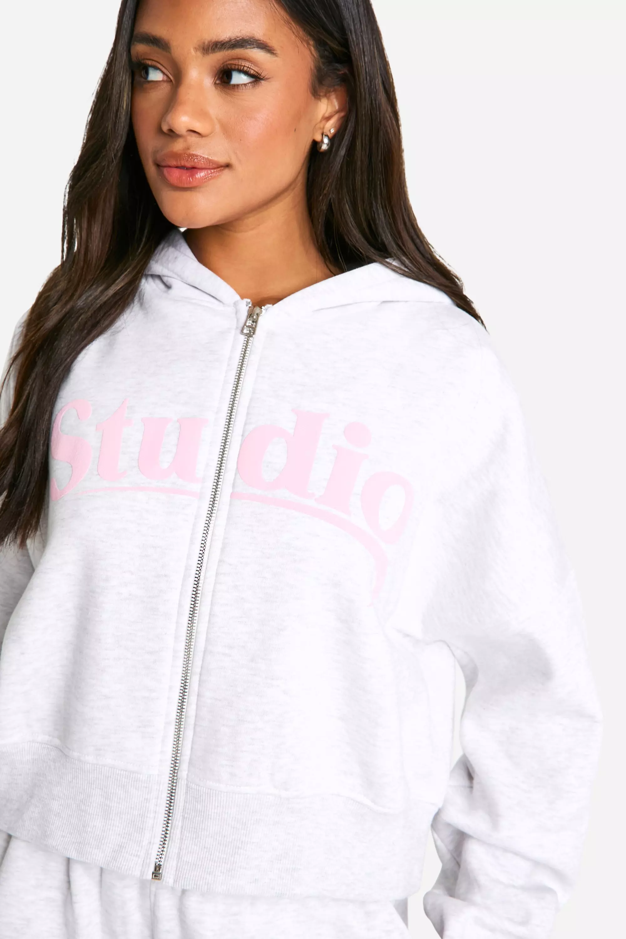 Ash grey DSGN Studio Slogan Boxy Crop Zip Through Hoodie alternative image