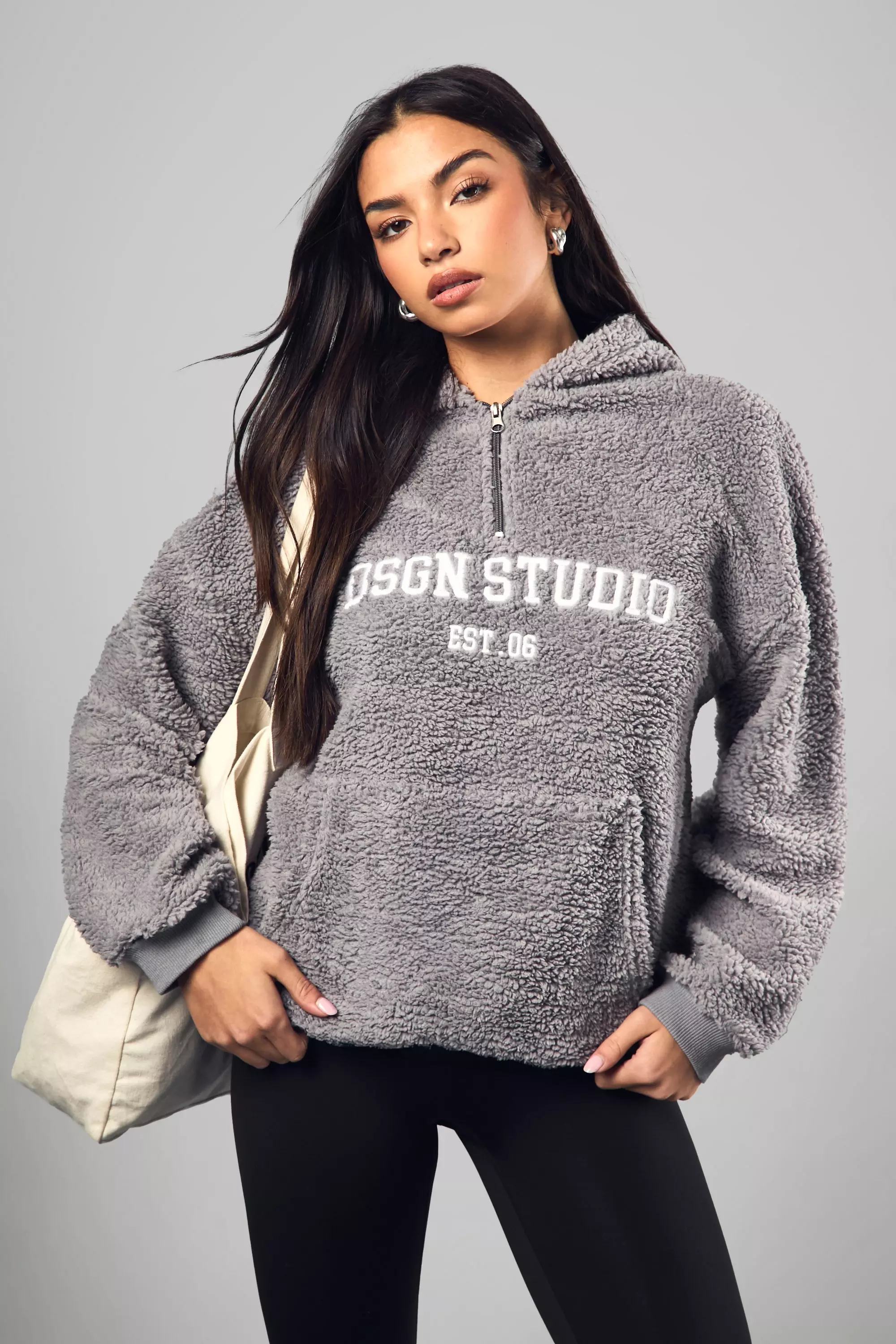 Grey DSGN STUDIO EMBROIDERED BORG HALF ZIP HOODIE alternative image