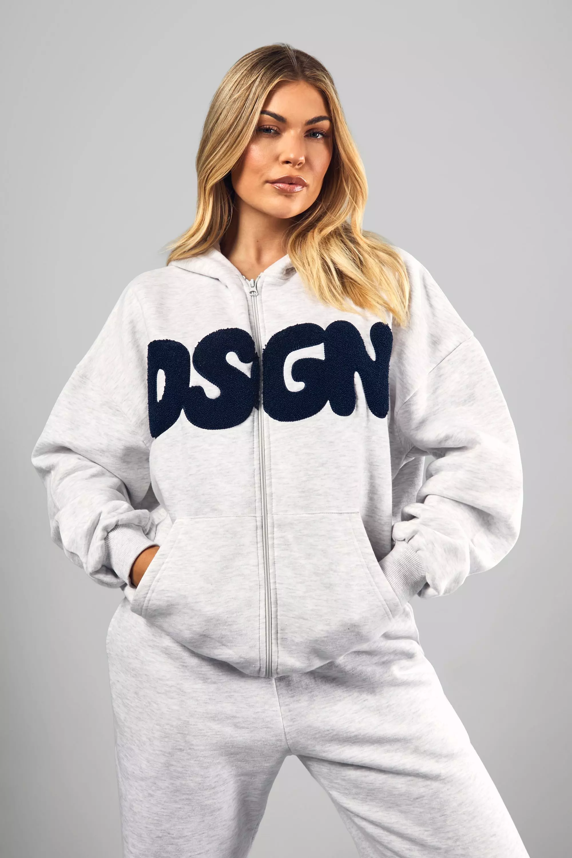 Ash grey DSGN Toweling Applique Oversized Zip Through Hoodie alternative image
