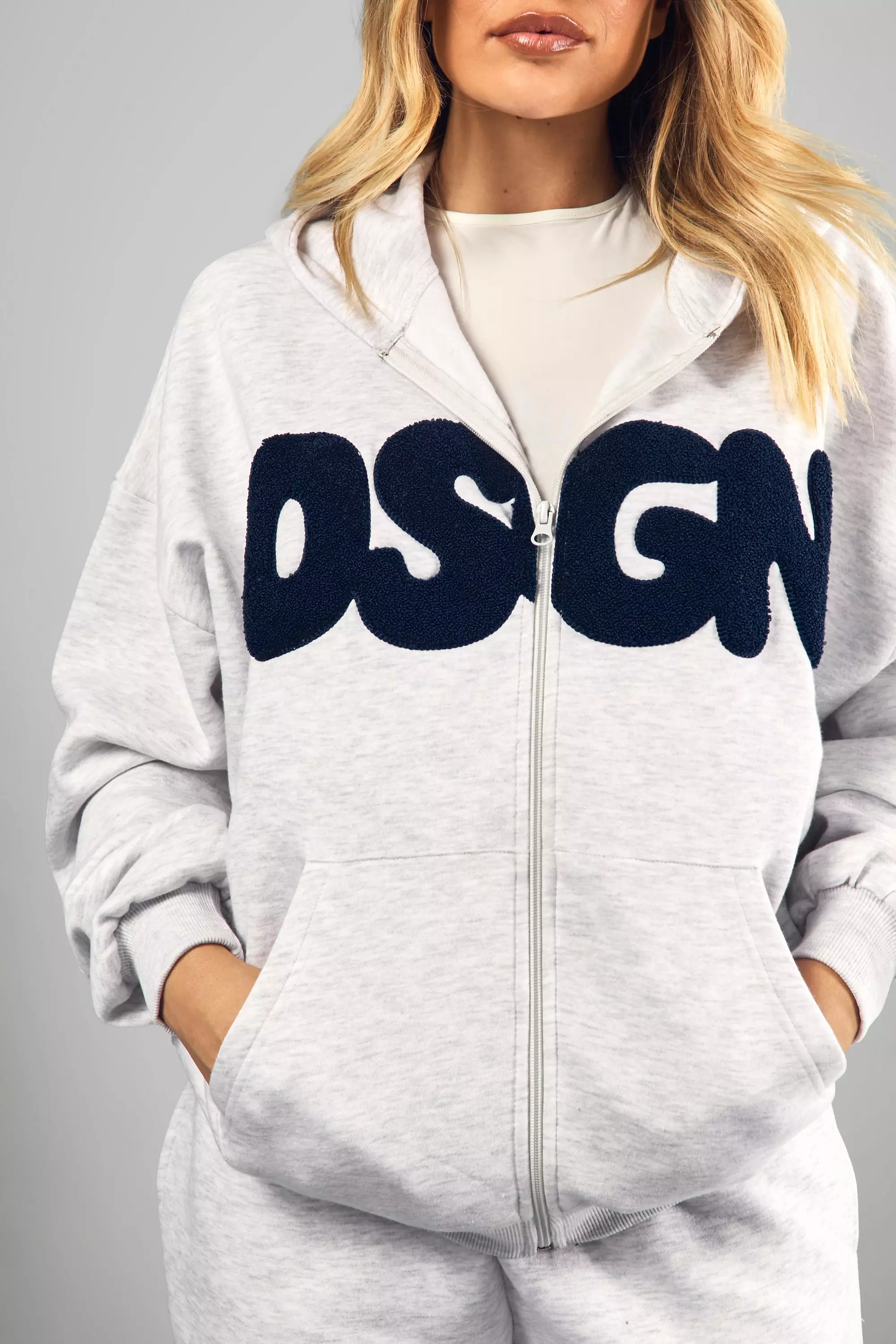 Ash grey DSGN Toweling Applique Oversized Zip Through Hoodie alternative image