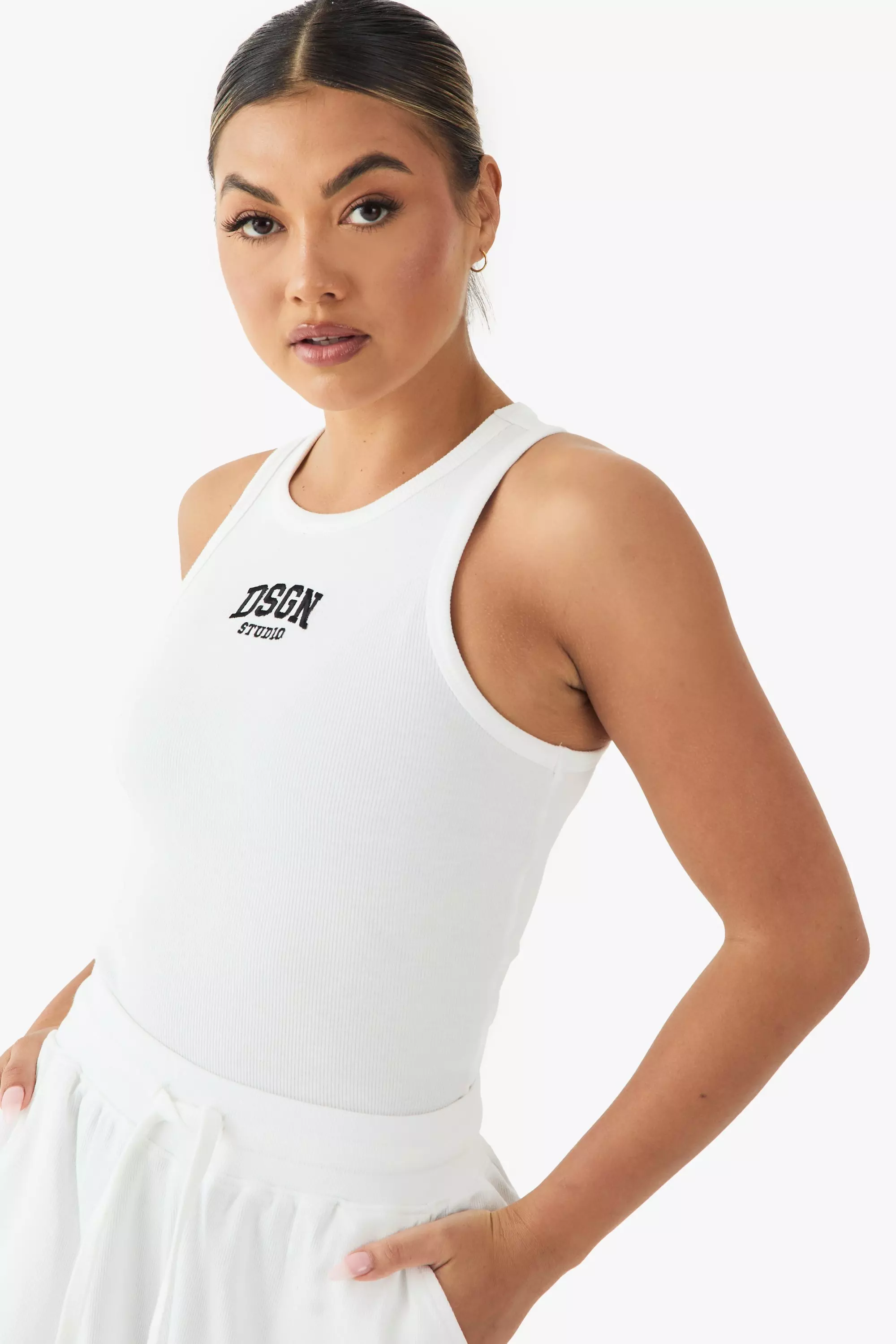 White Dsgn Studio Collegiate Embroidered Racer Rib Vest Top alternative image