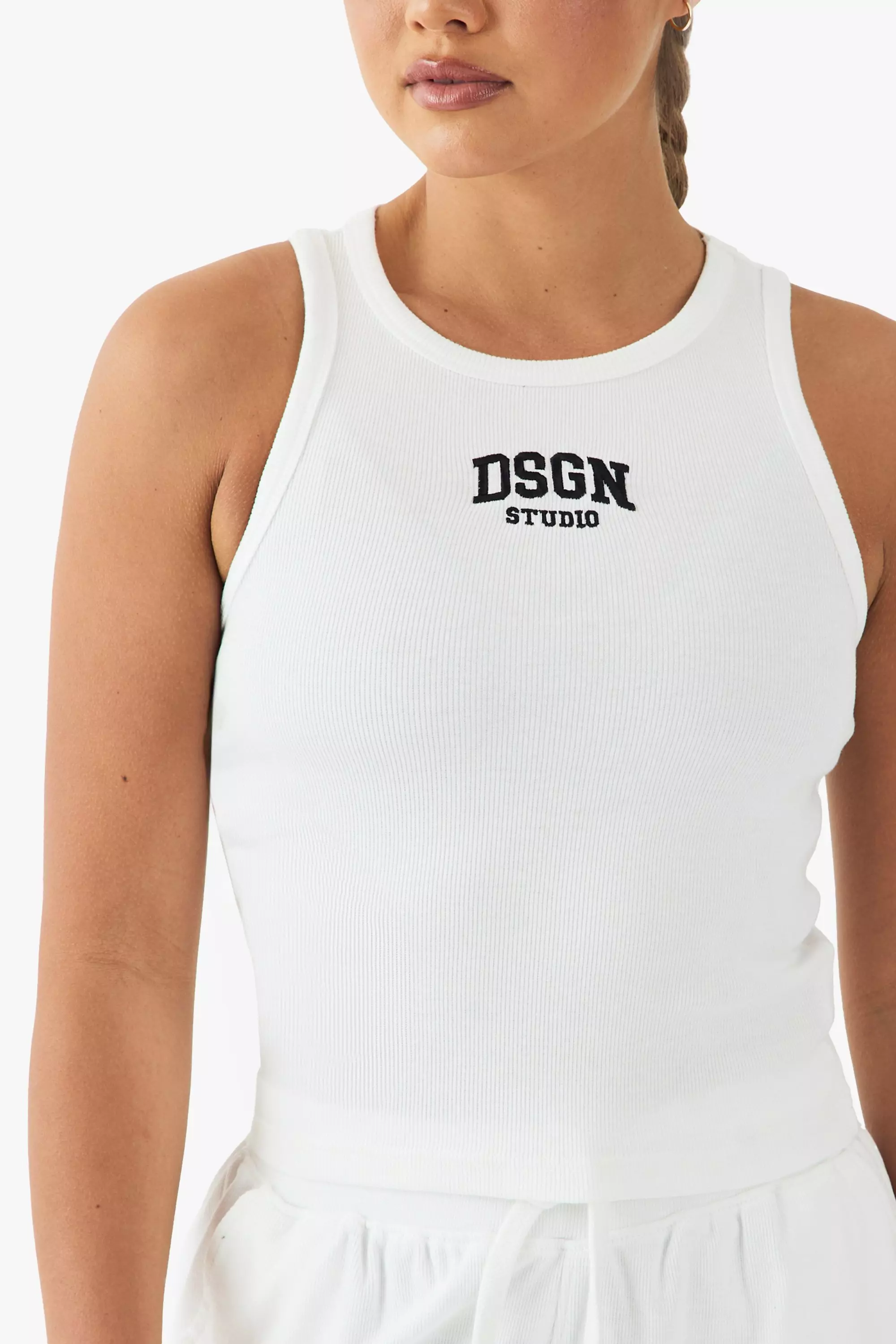 White Dsgn Studio Collegiate Embroidered Racer Rib Vest Top alternative image