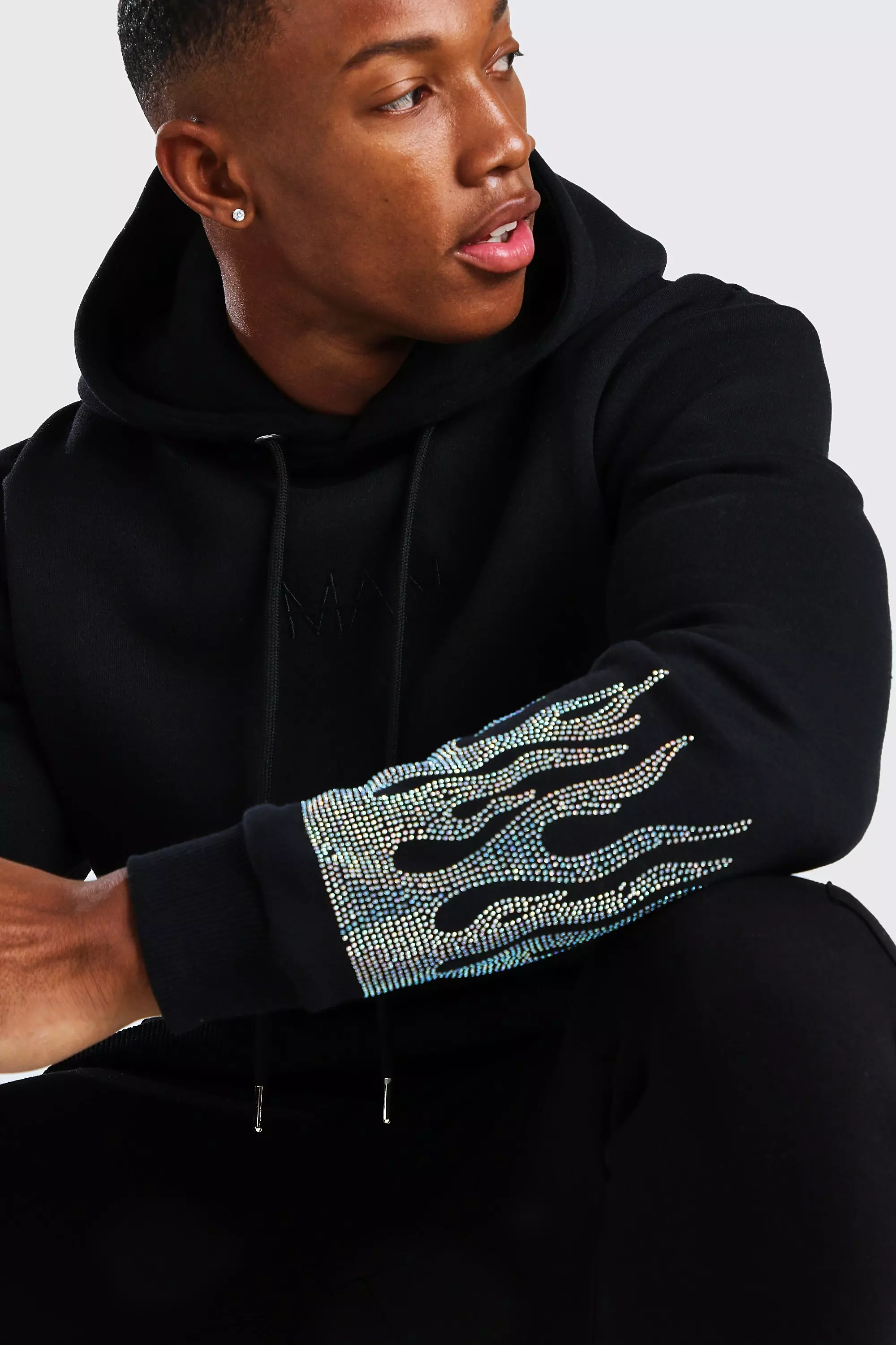 Sweat a capuche a manches imprime flamme a strass boohooMAN FR