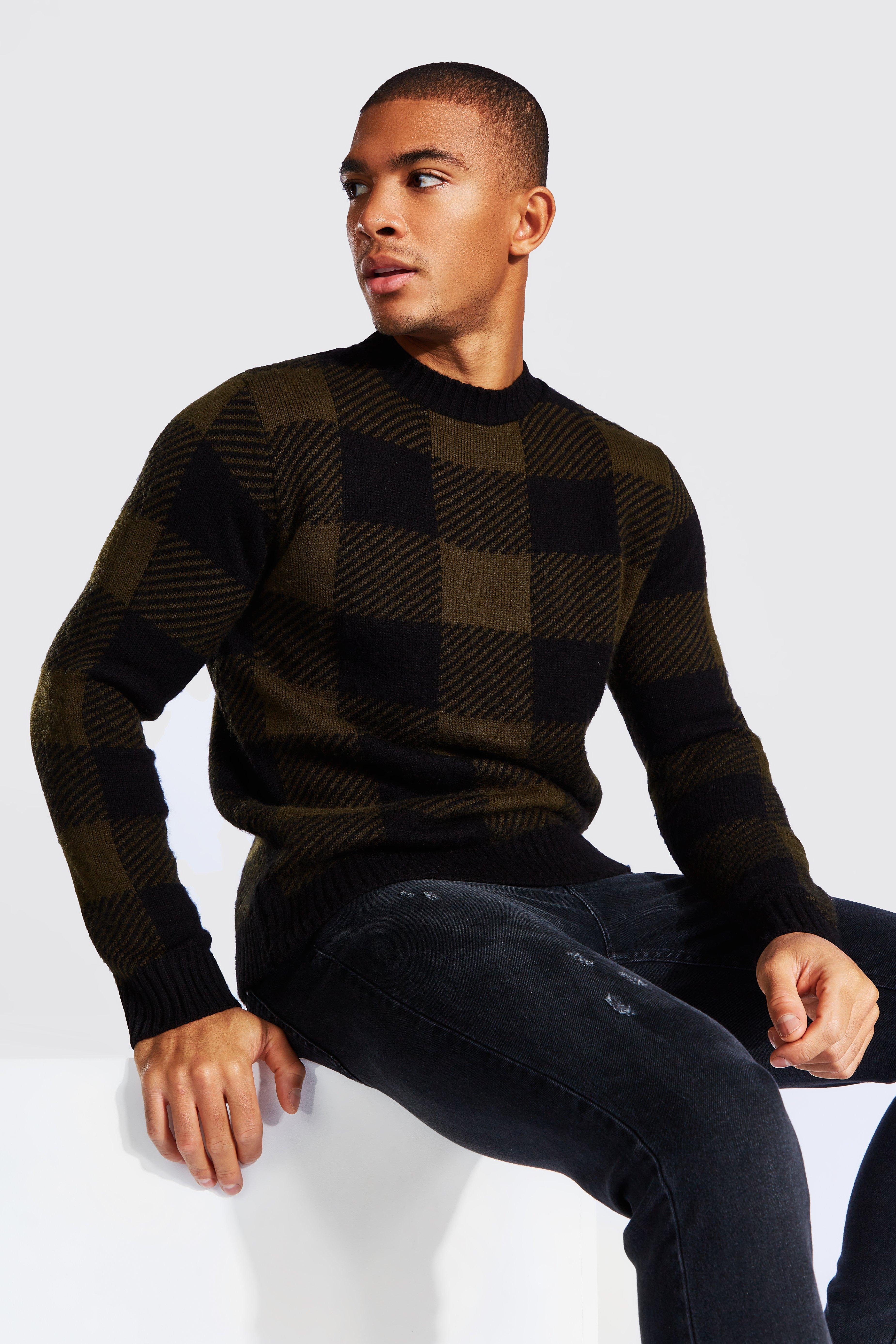 Grid Check Brushed Knitted Sweater | boohooMAN USA