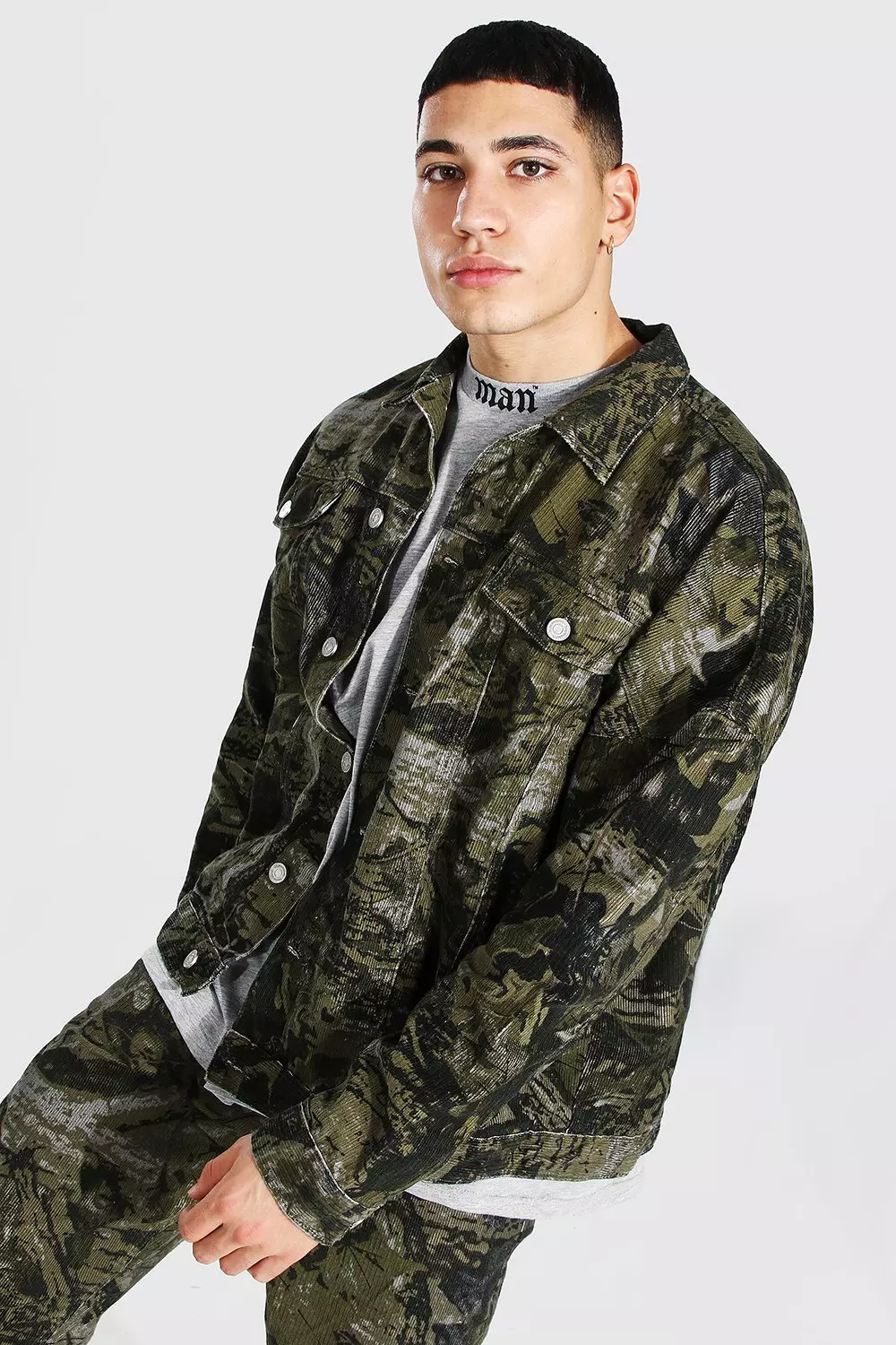 Oversized Camo Print Cord Jacket boohooMAN UK