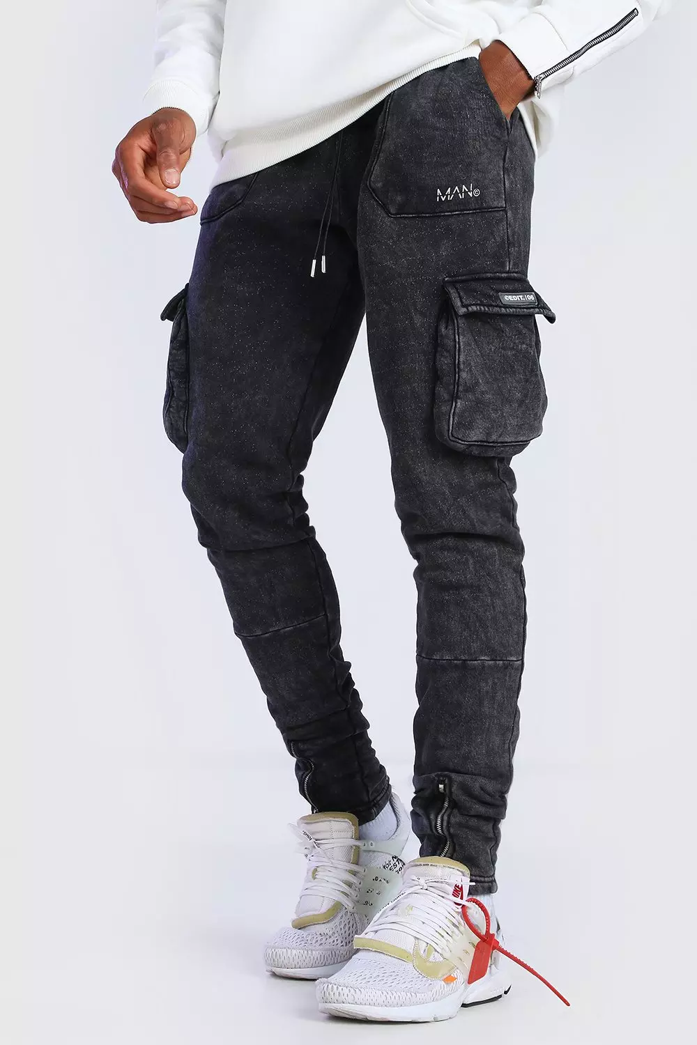 Charcoal Tapered Fit Acid Wash MAN Cargo Jogger alternative image