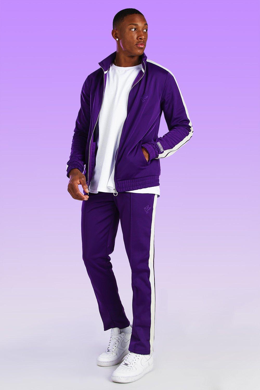 Dove Embroidered Tricot Tracksuit With Side Tape boohooMAN UK