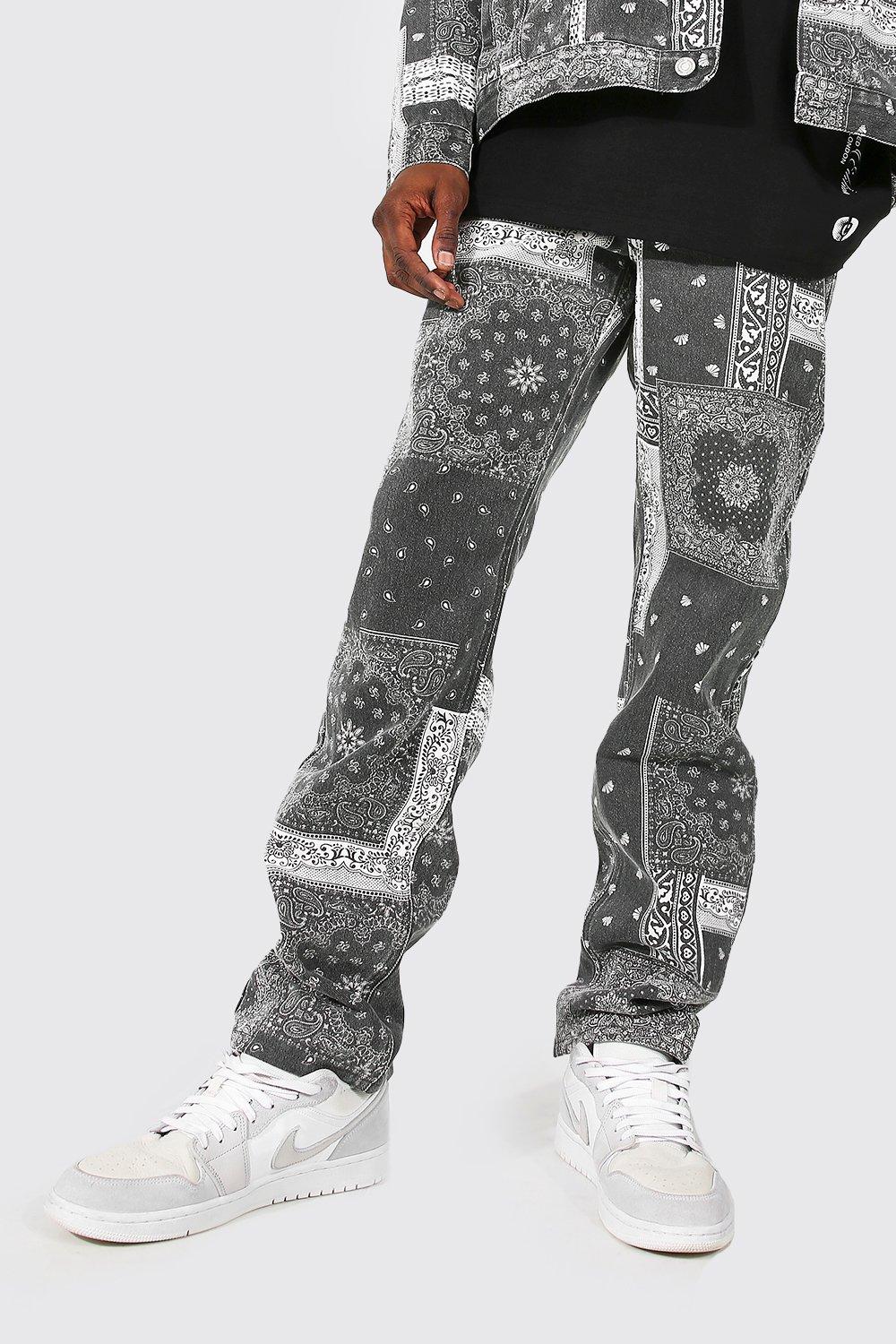 Relaxed Fit Washed Bandana Print Jeans | boohooMAN