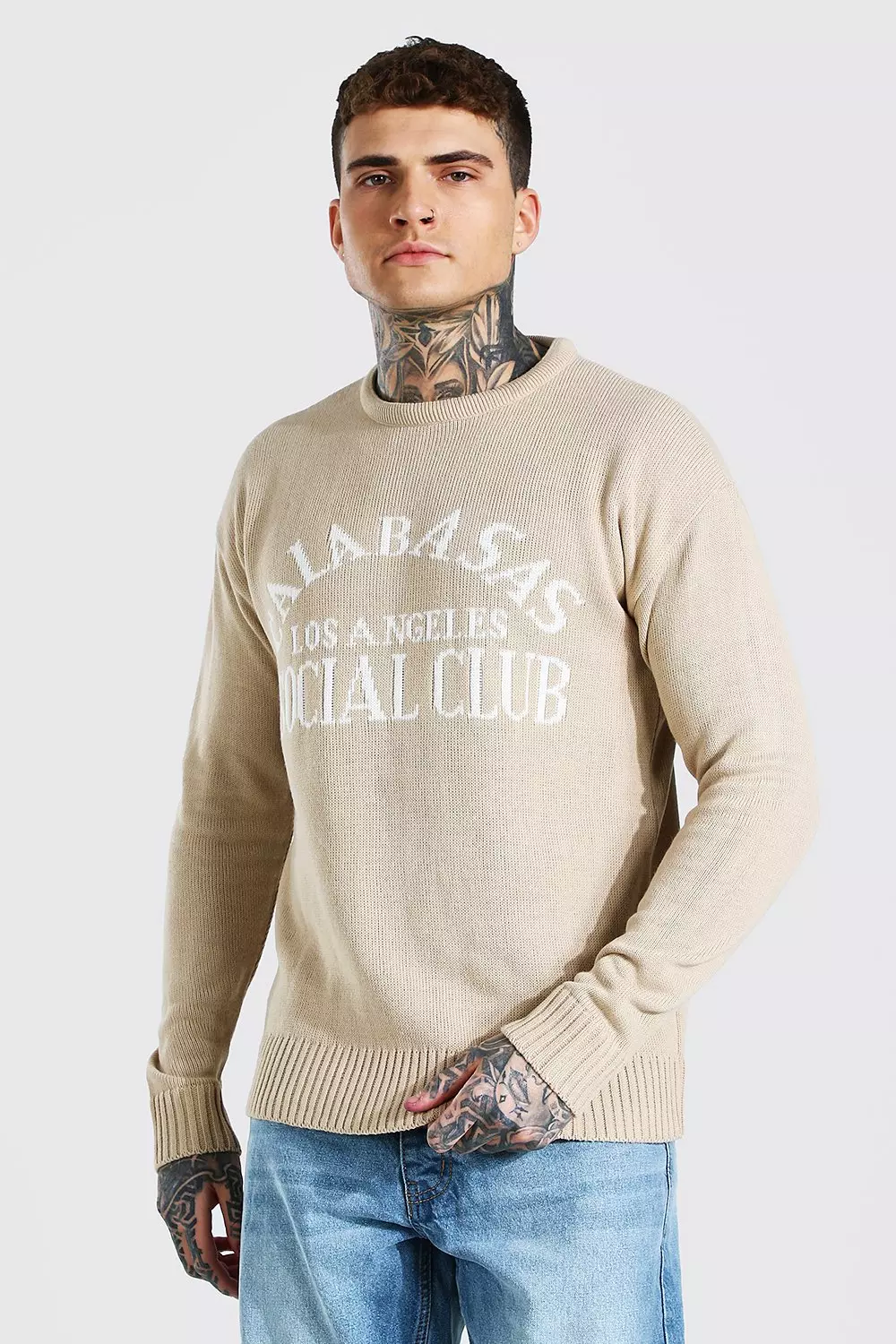 Calabasas Loose Fit Knitted Crew Neck Jumper boohooMAN