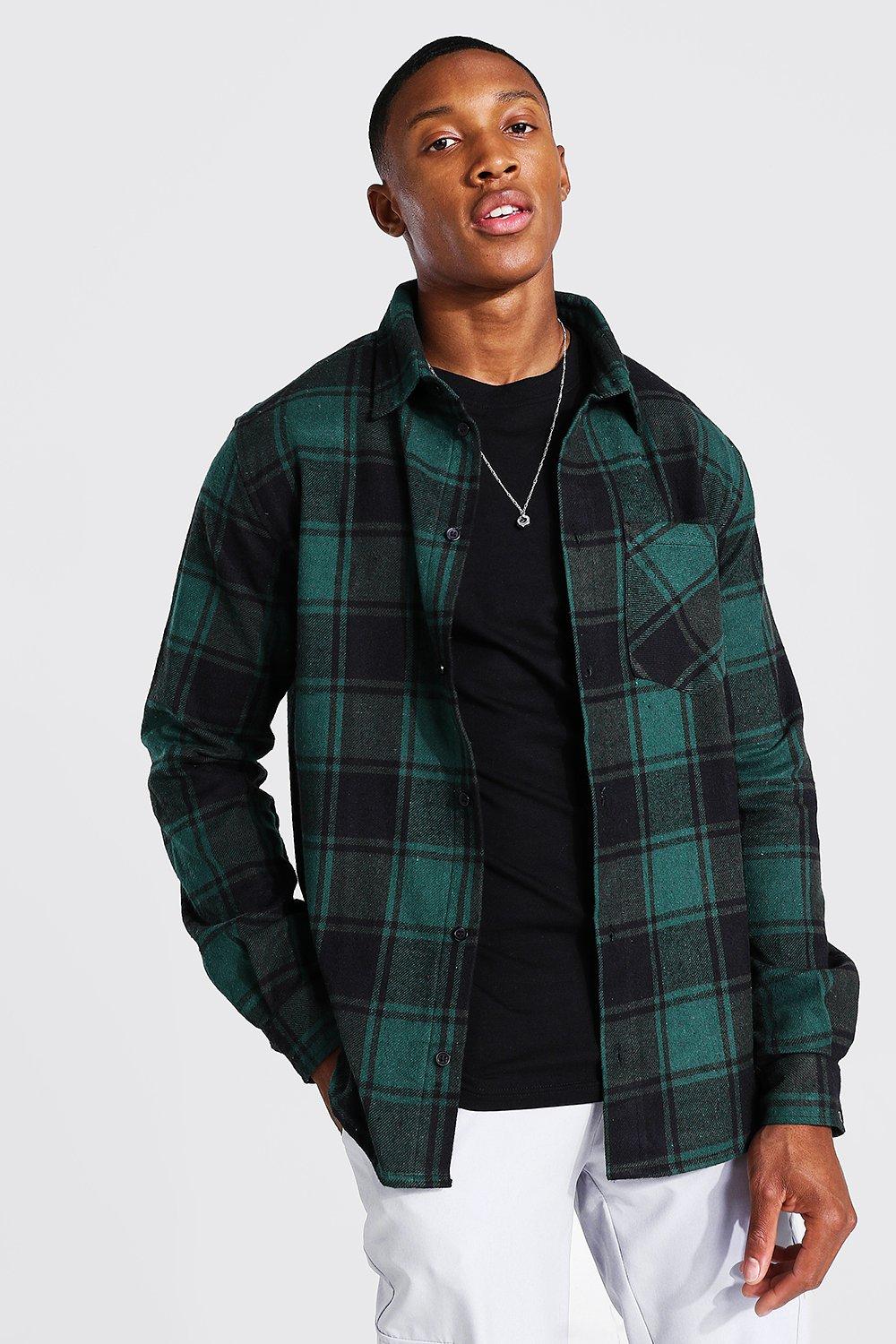 boohooMAN Long Sleeve Longline Flannel Shirt - Green - Size XS