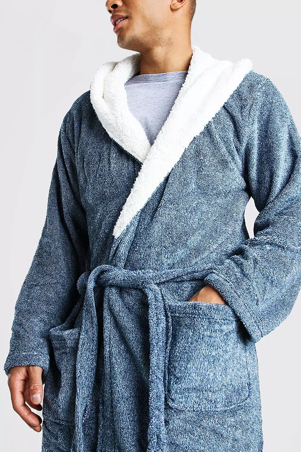 Plain Fleece Lined Hooded Dressing Gown boohooMAN USA