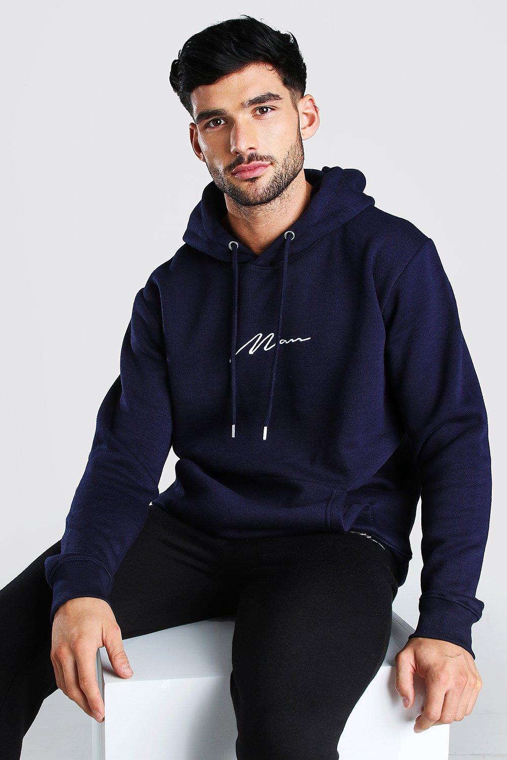 Boohooman Man Signature Embroidered Over The Head Hoodie Navy Size Small