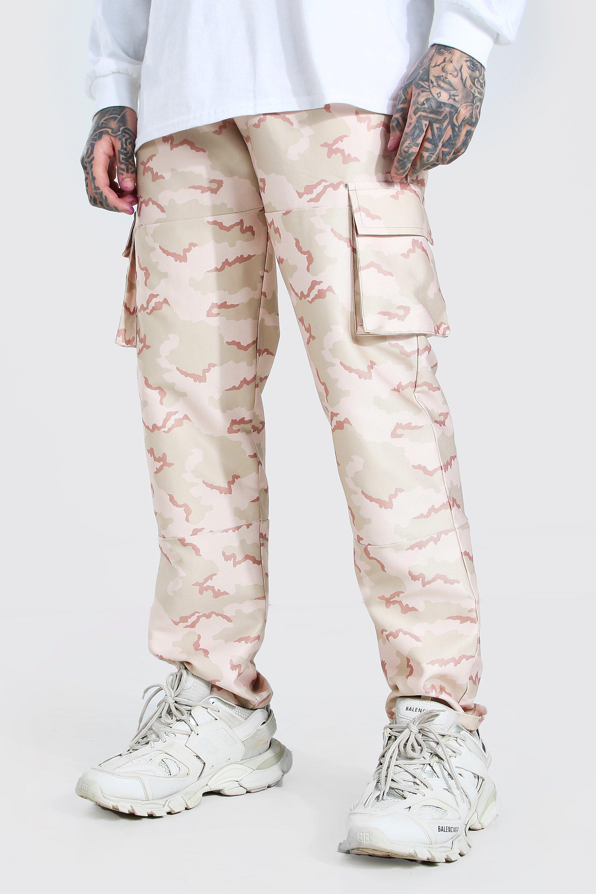 boohooMAN Men's Slim Gusset Flare Camo Cargo Pants