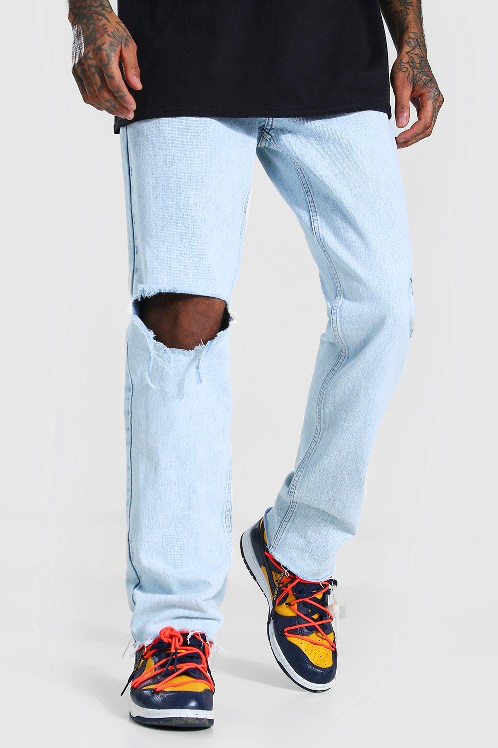 Sky Blue Distressed Frayed Hem Holed Straight Leg Loose Jeans –  KesleyBoutique