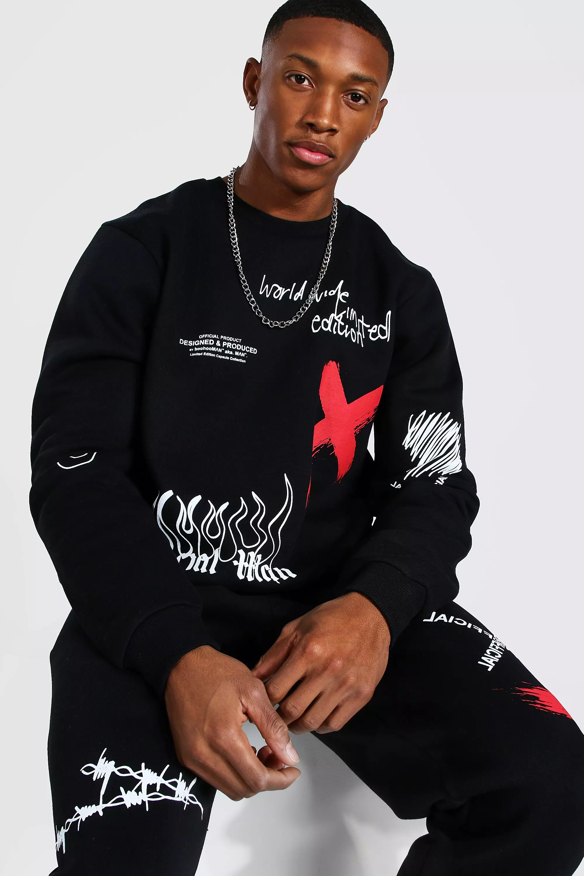 Zwart Oversized Man Graffiti Trainingspak Met Sweater alternatieve afbeelding