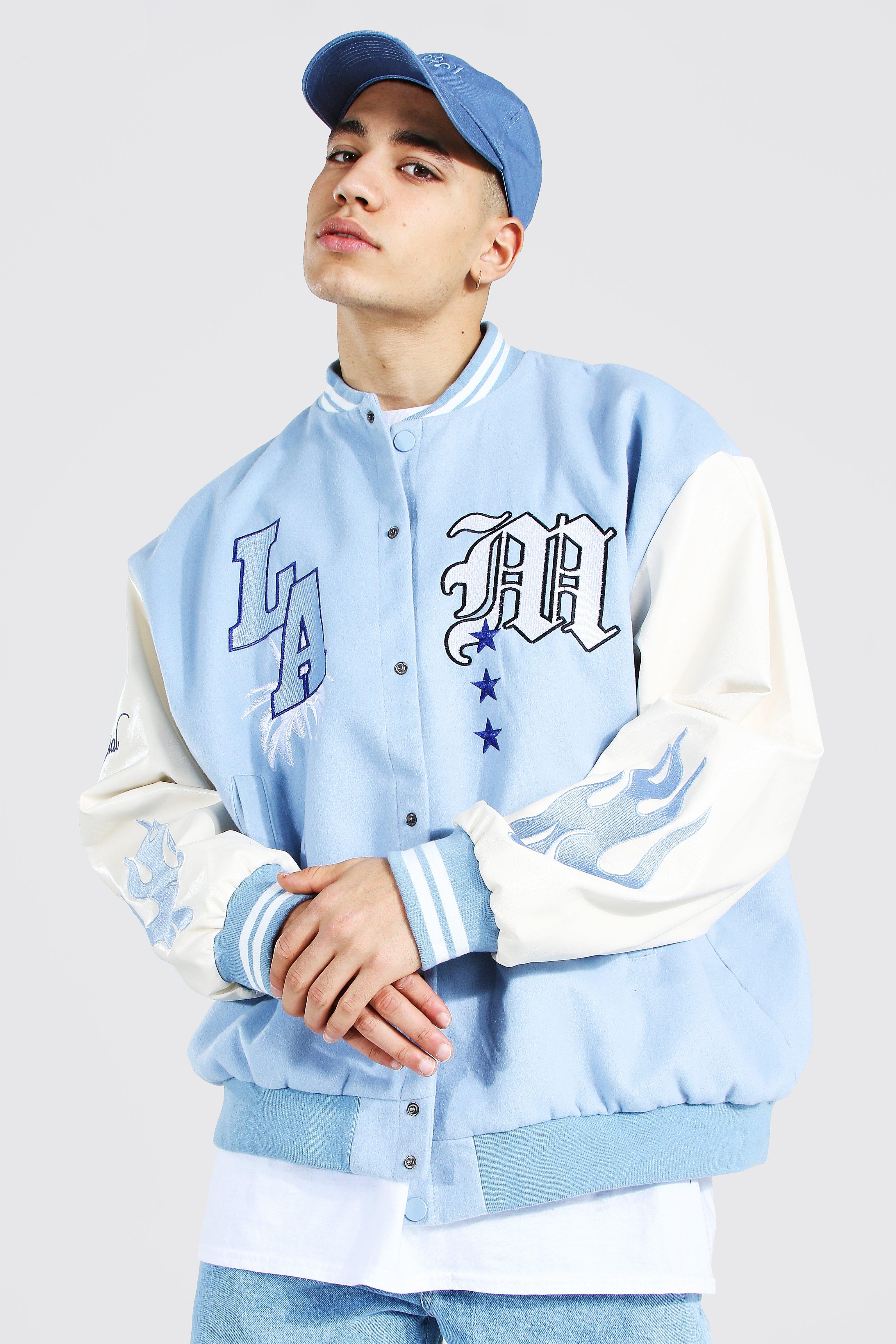 Oversized Badge Varsity Bomber boohooMAN USA