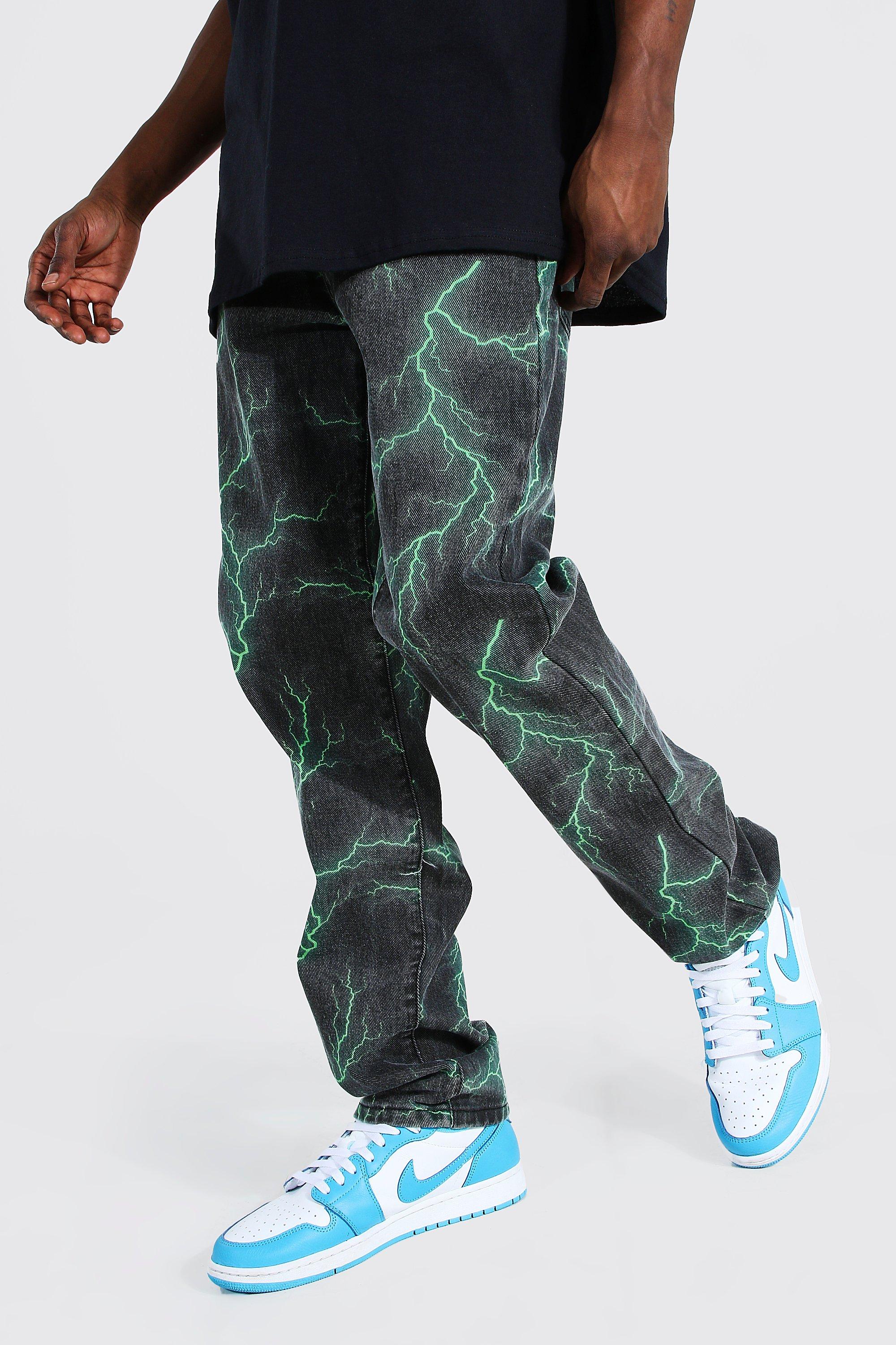 Relaxed Fit Lightning Printed Jeans | boohooMAN USA