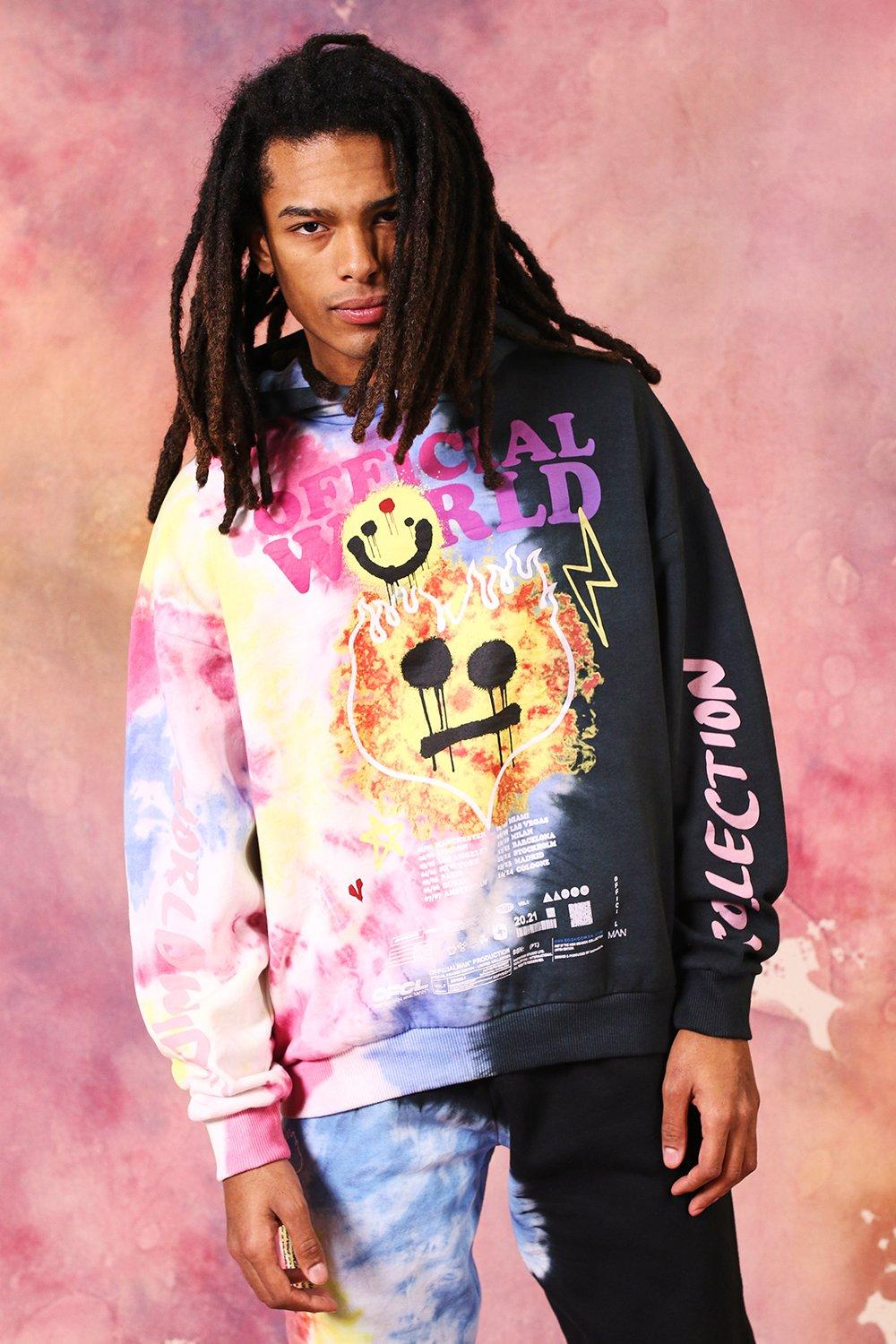 Oversized Flame Drip Face Tie Dye Hoodie boohooMAN USA