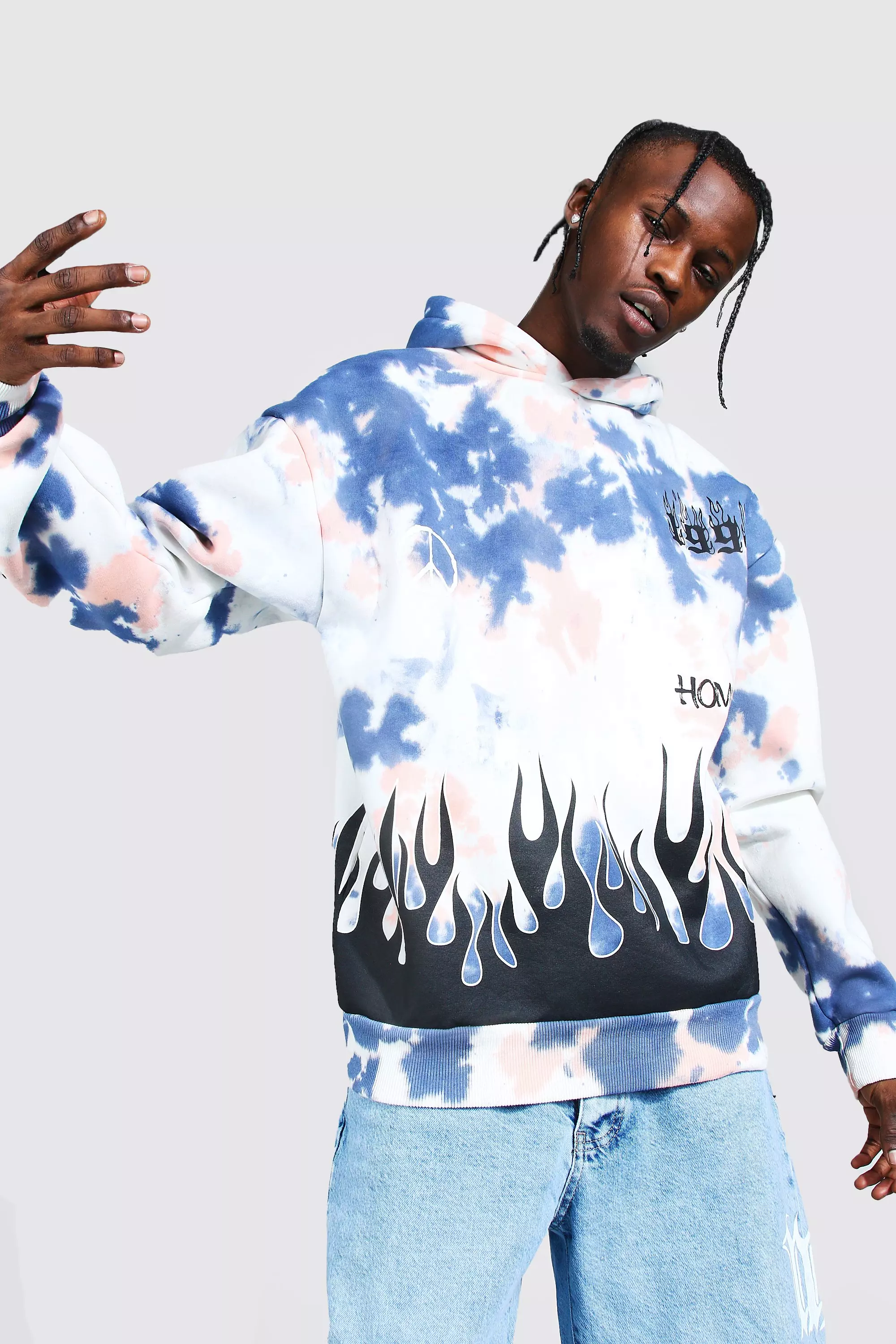 Oversized Flame Print Tie Dye Hoodie boohooMAN