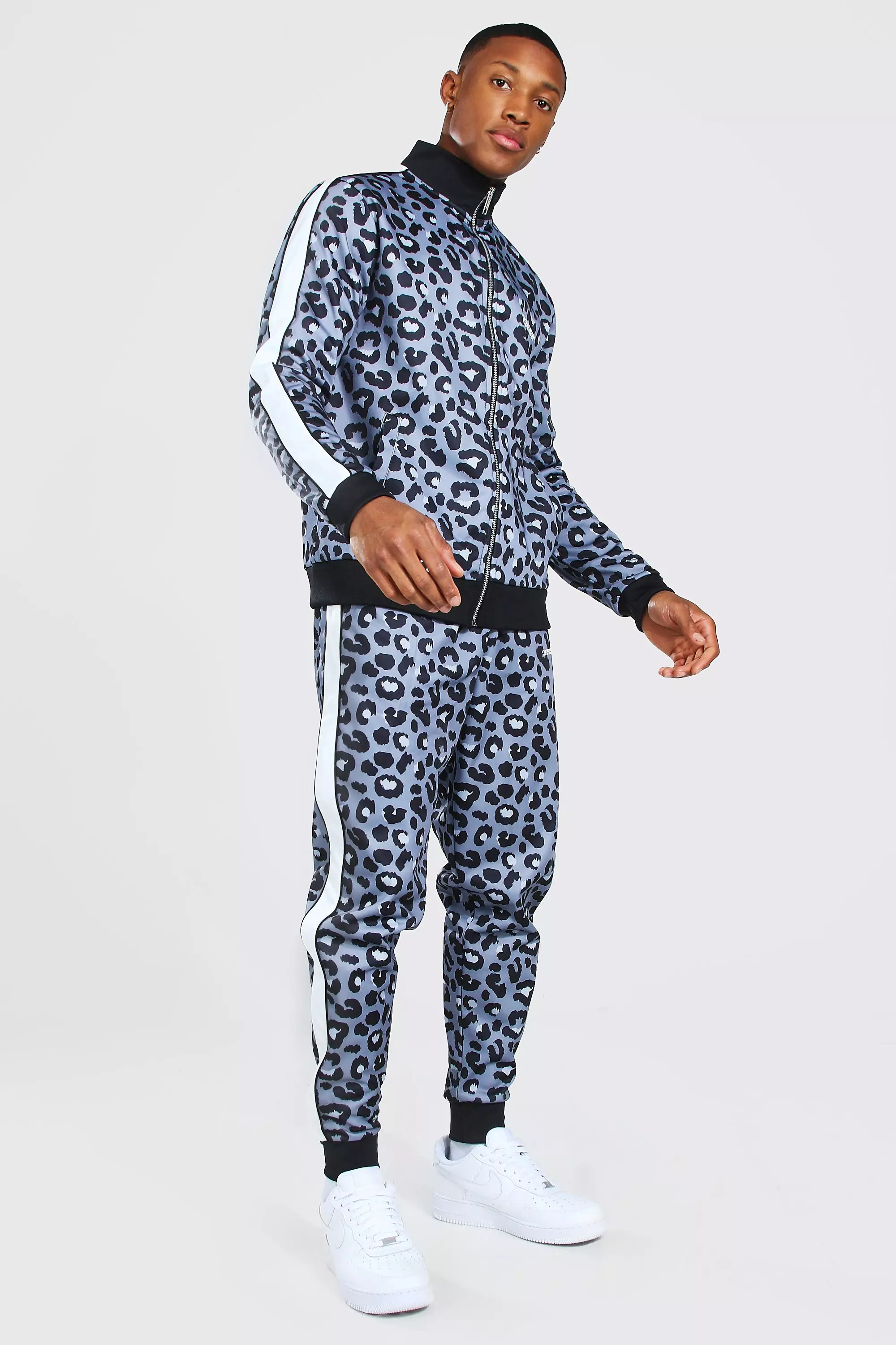 Official Man Leopard Print Tricot Tracksuit boohooMAN USA