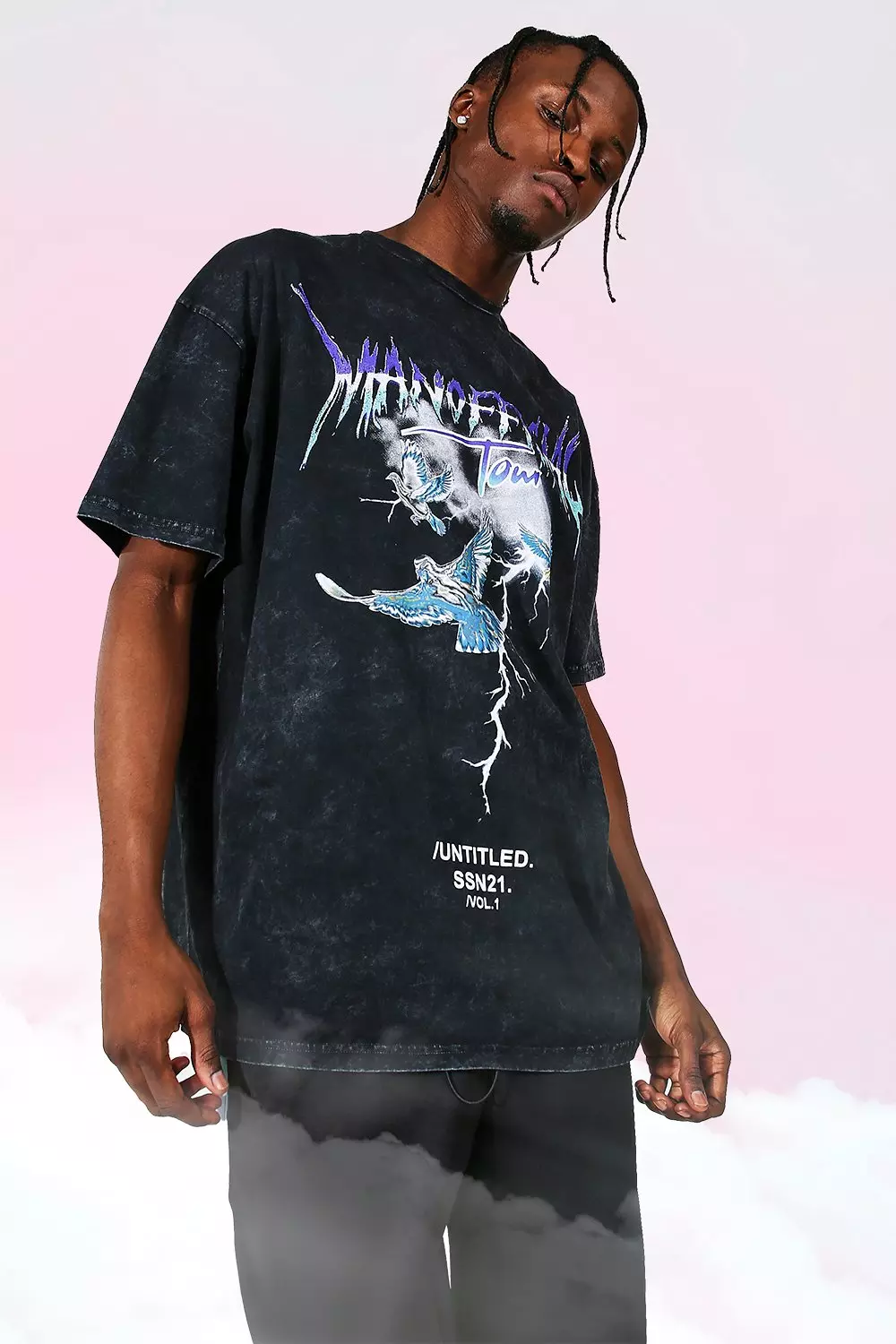 Oversized Tour Print Acid Wash T-shirt Charcoal