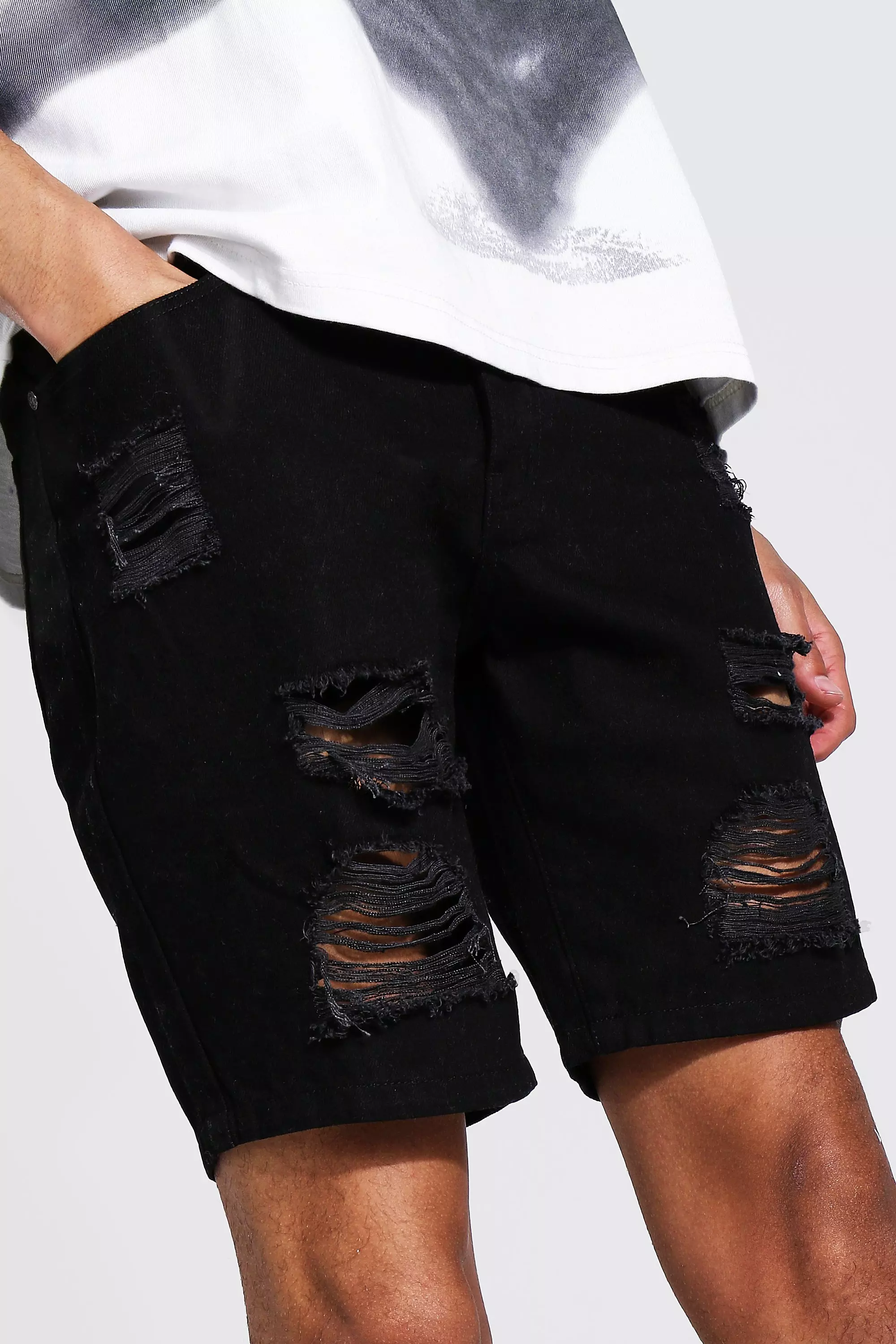 Tall Slim Fit Distressed Denim Shorts boohooMAN DE