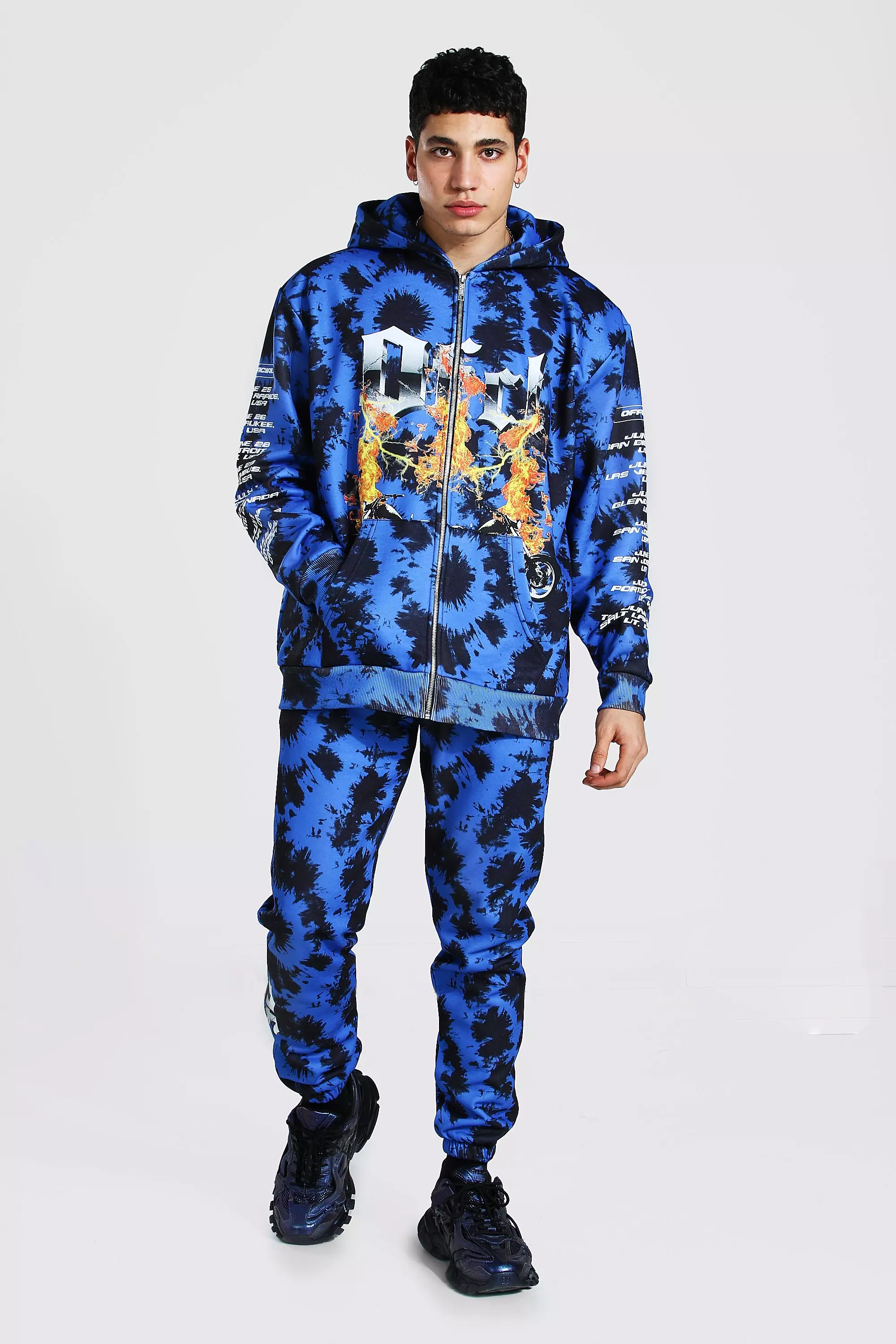 Official Man Flame Tie Dye Zip Hood Tracksuit boohooMAN IE