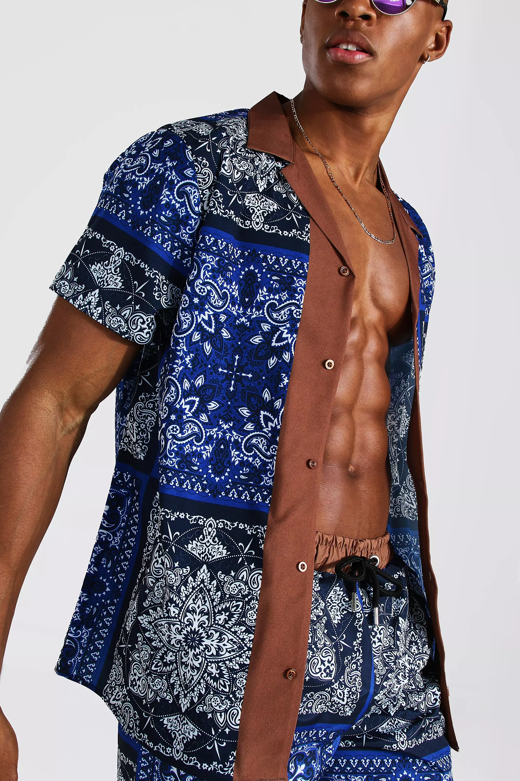 Short Sleeve Revere Border Shirt And Swim | boohooMAN USA