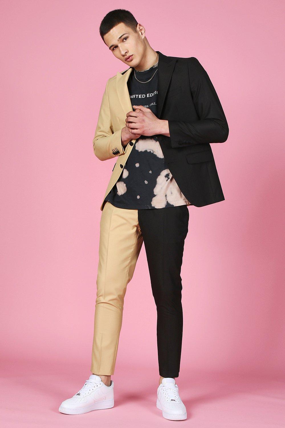Taupe Skinny Spliced Double Breasted Suit Jacket