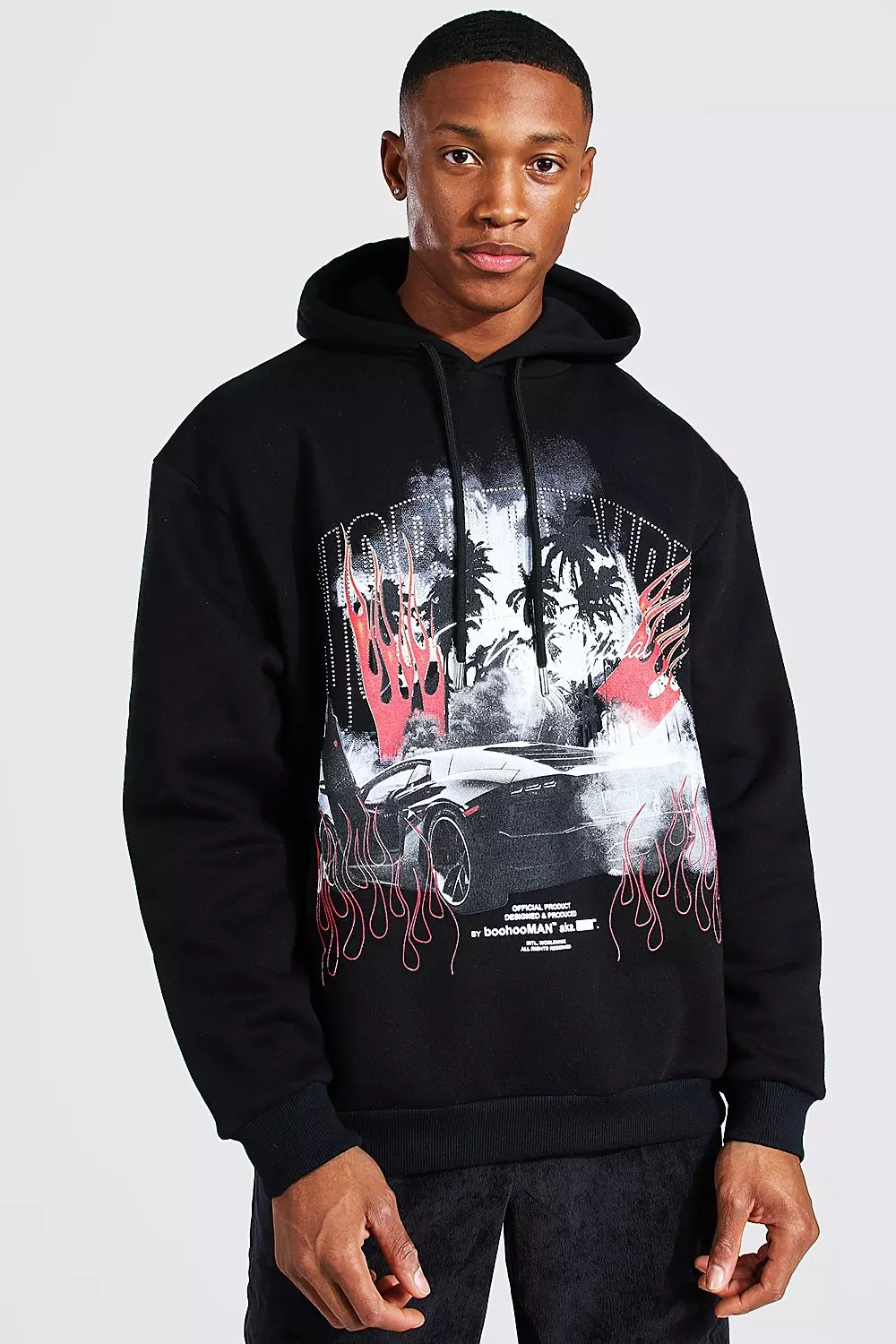 Oversized Car Print And Rhinestones Hoodie boohooMAN