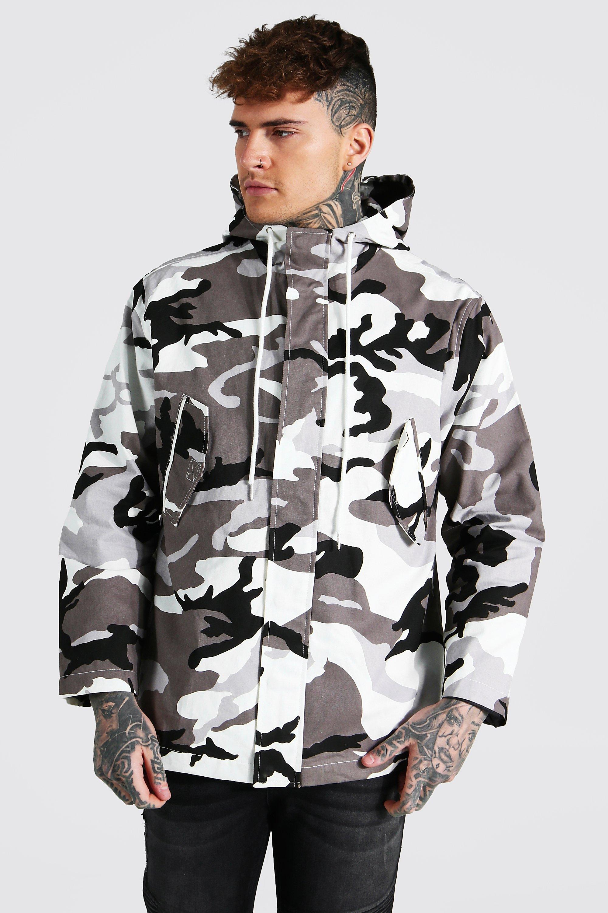 Camo Twill Hooded Zip Through Jacket boohooMAN AU