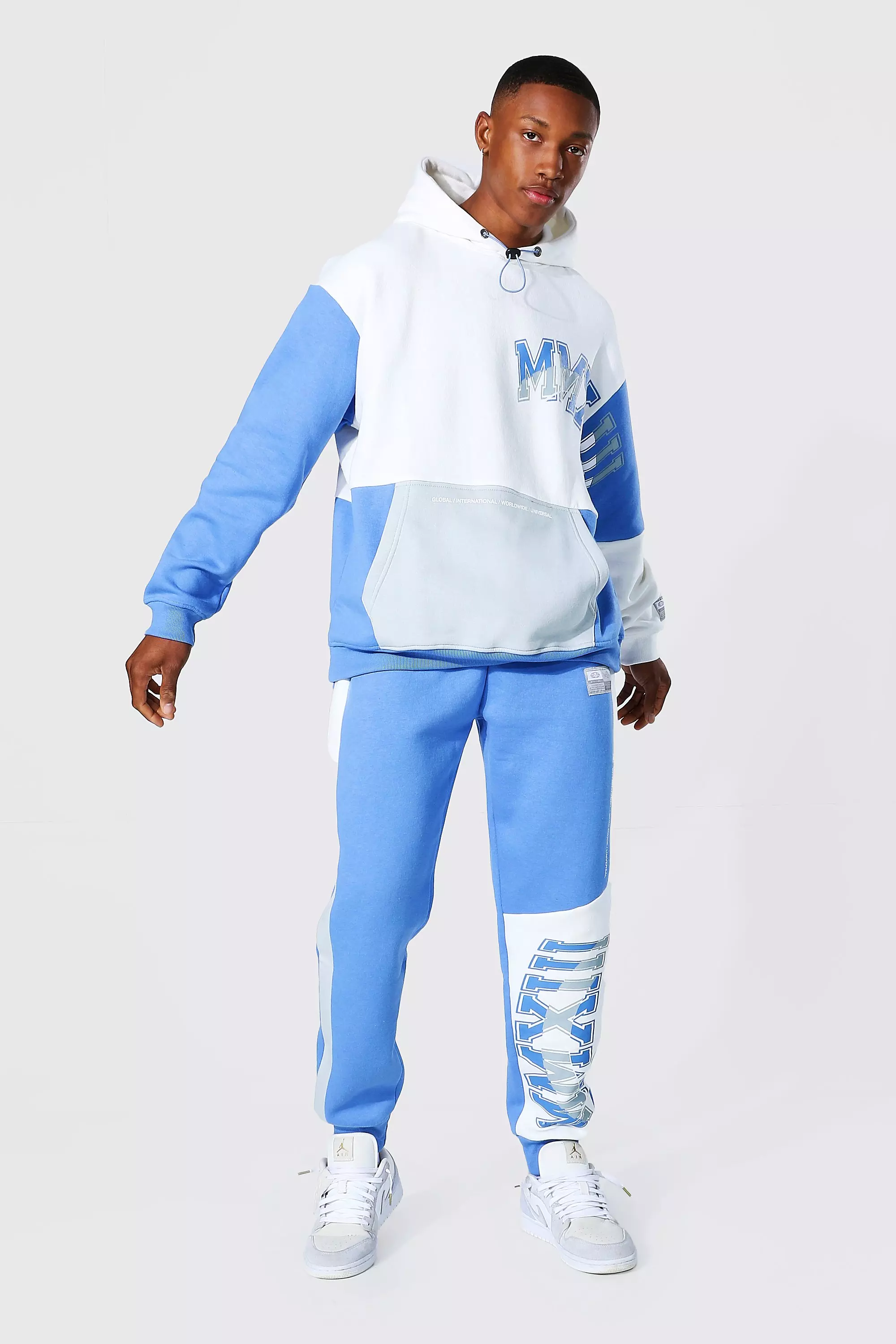 boohoo 新作 COLOUR BLOCK フーディ & ショート トラックスーツ Oversized Varsity Colour Block Hood Tracksuit | boohooMAN USA