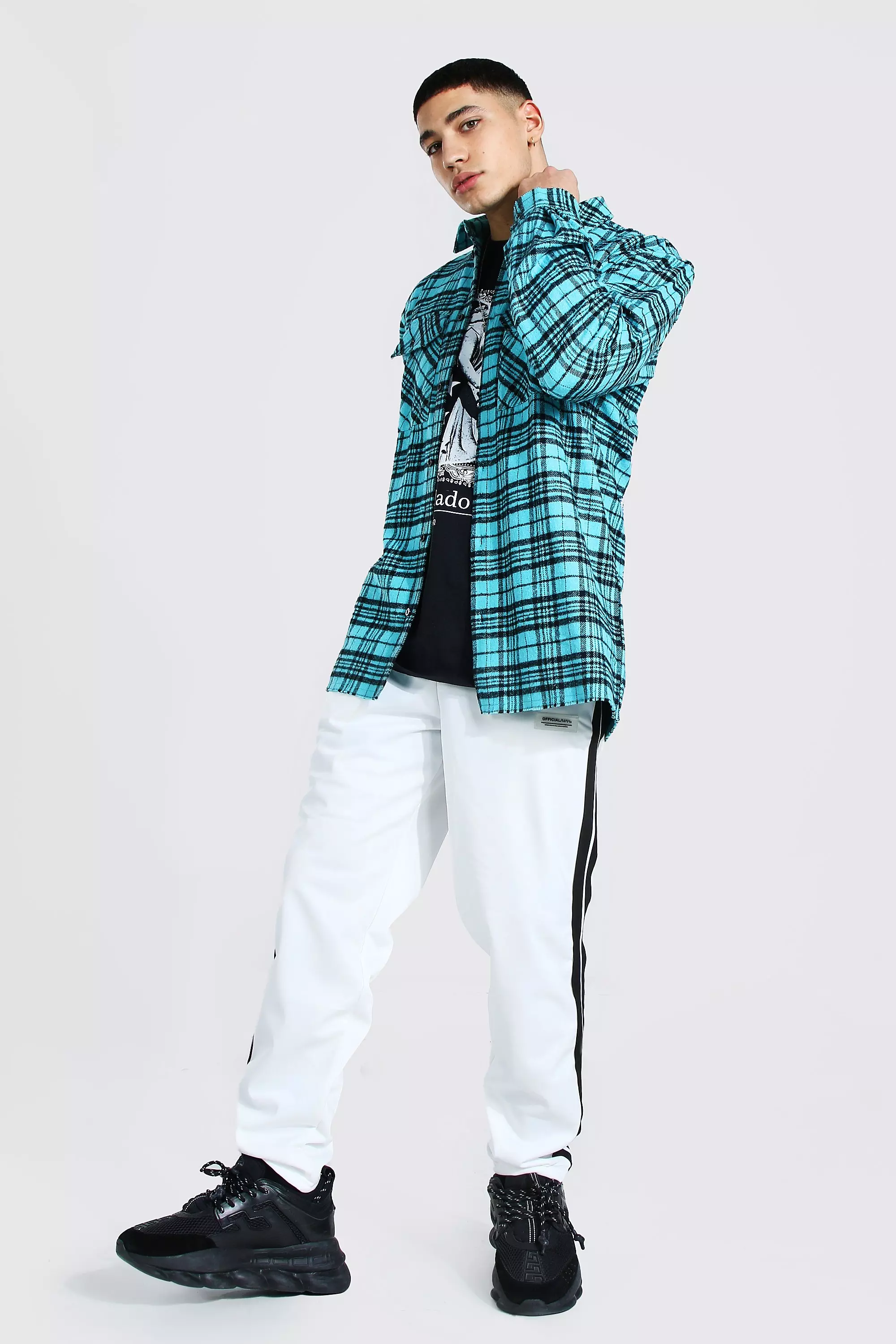 Blue Oversized Butterfly Back Print Check Shirt alternative image