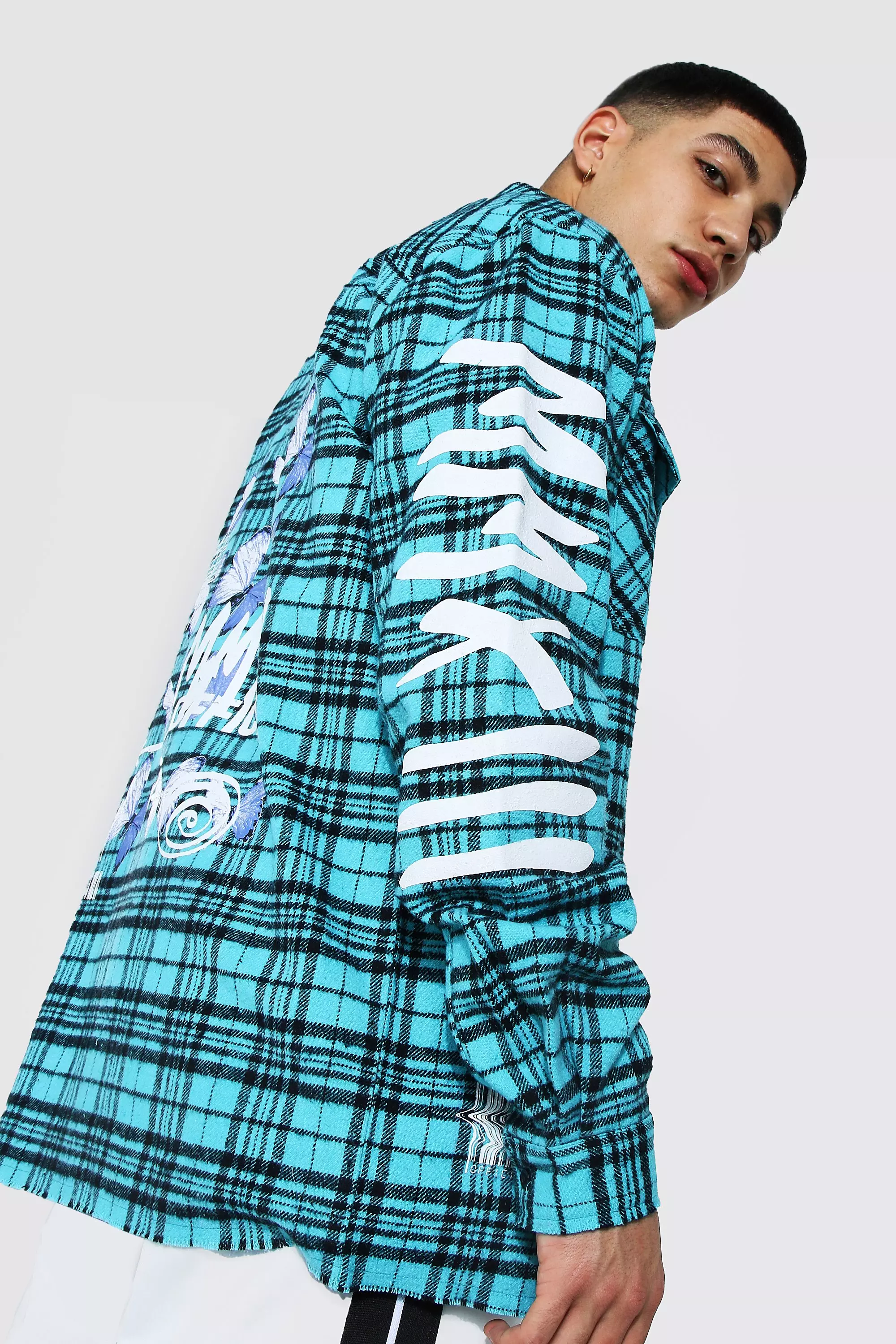 Blue Oversized Butterfly Back Print Check Shirt alternative image