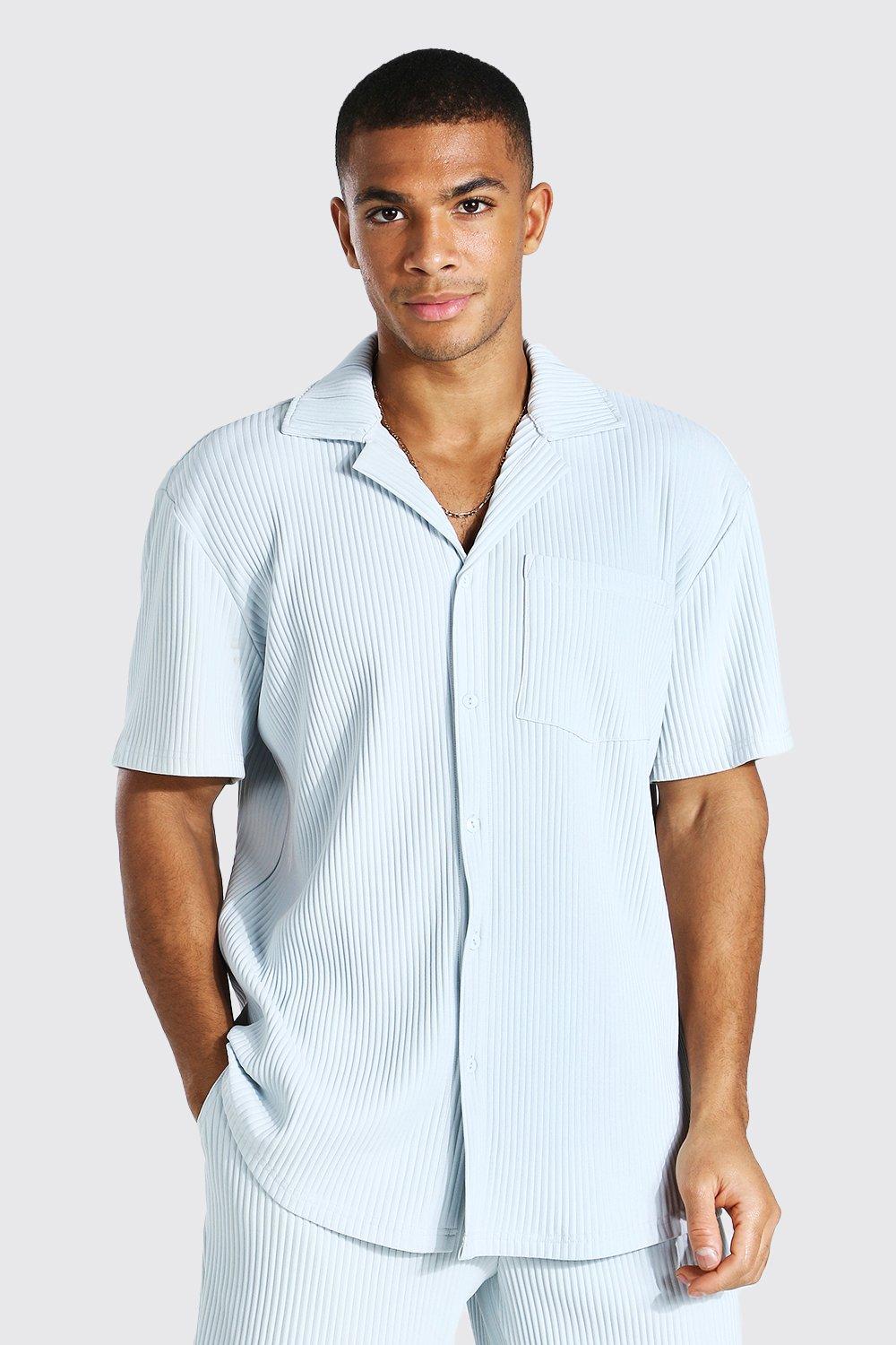 Pleated Short Sleeve Revere Shirt, Light blue