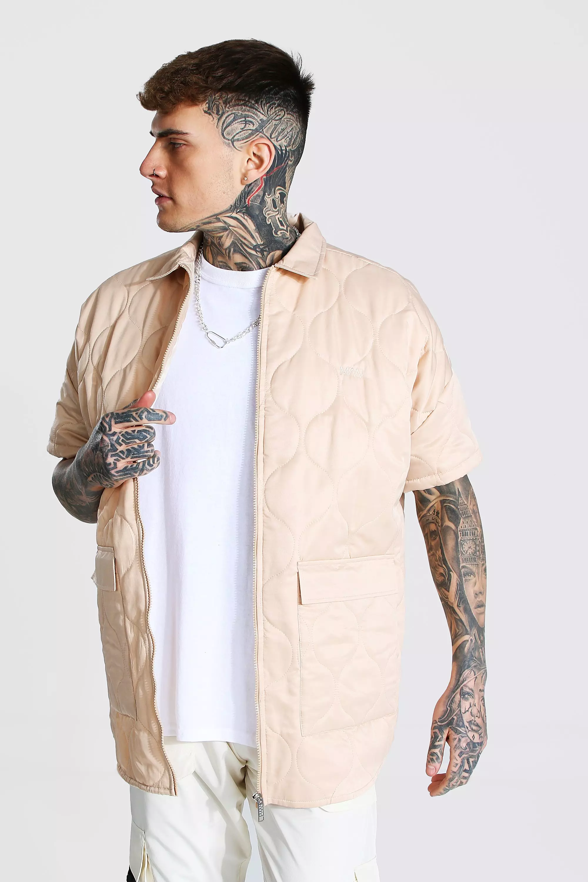 Beige Oversized Short Sleeve Quilted Shirt alternative image