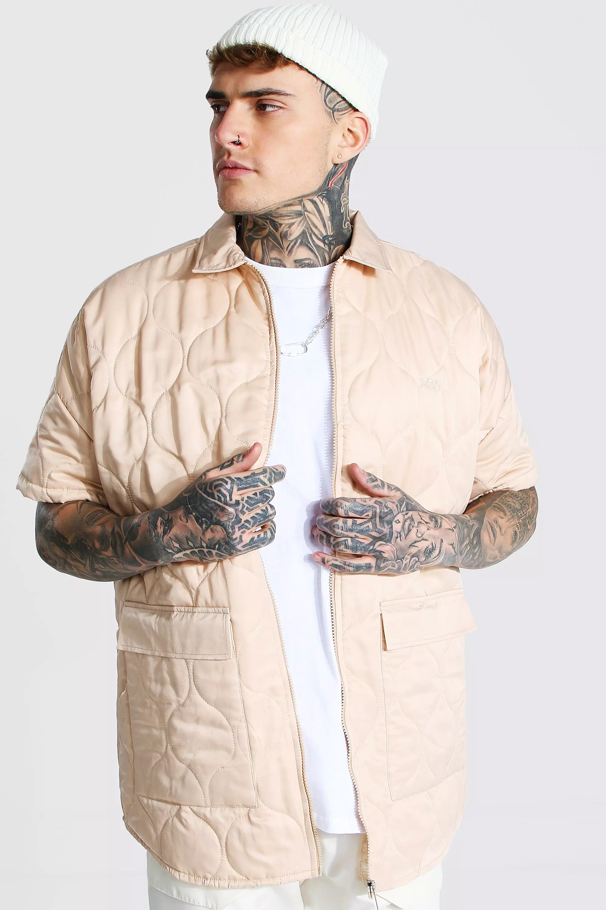 Beige Oversized Short Sleeve Quilted Shirt alternative image