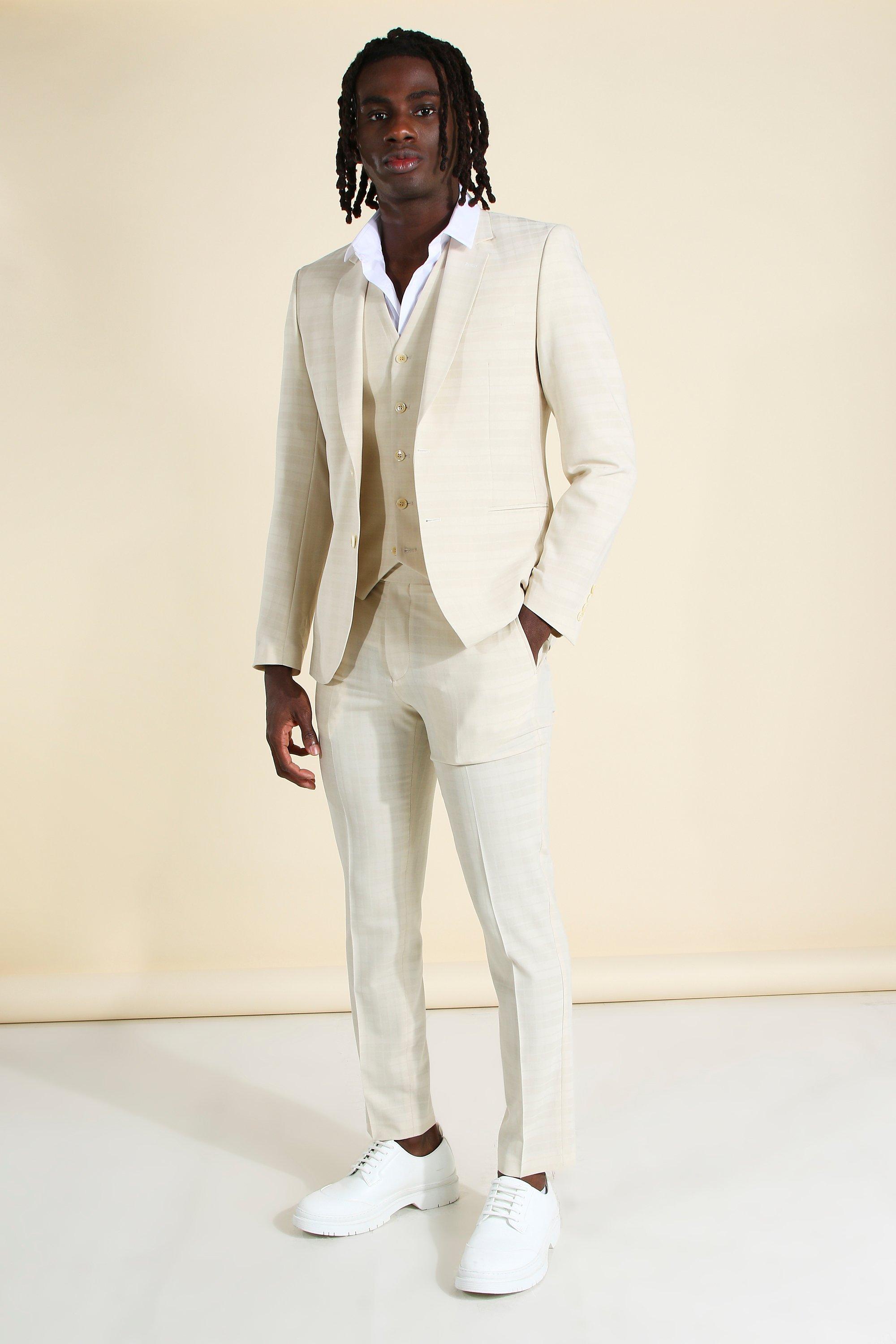 Stone Skinny Fit Tonal Check Suit Waistcoat