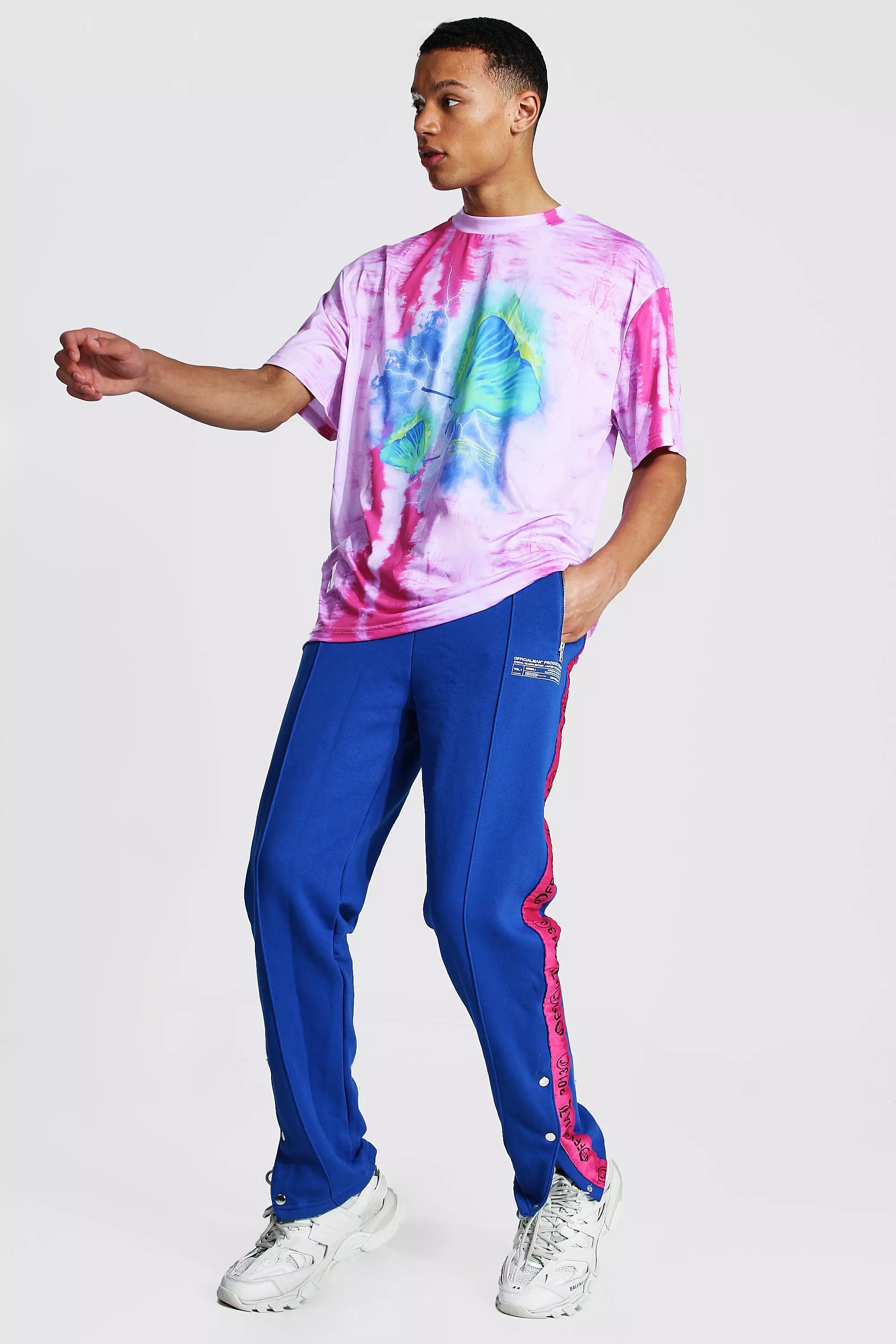 Tall Oversized Tie Dye Tee With Popper Jogger boohooMAN