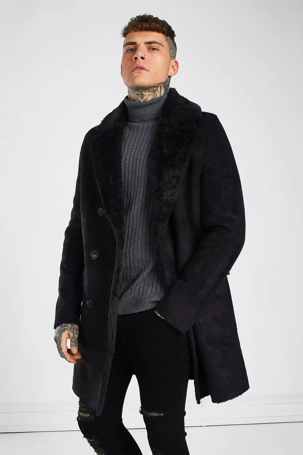 Boohooman double breasted wool overcoat with faux fur trim in black hot sale