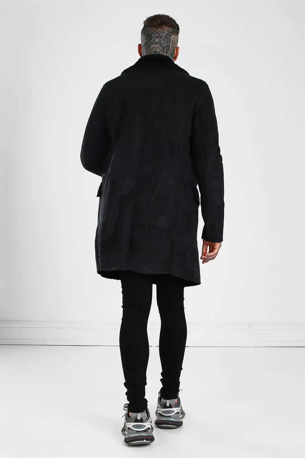 Boohooman double breasted wool overcoat with faux fur trim in black deals
